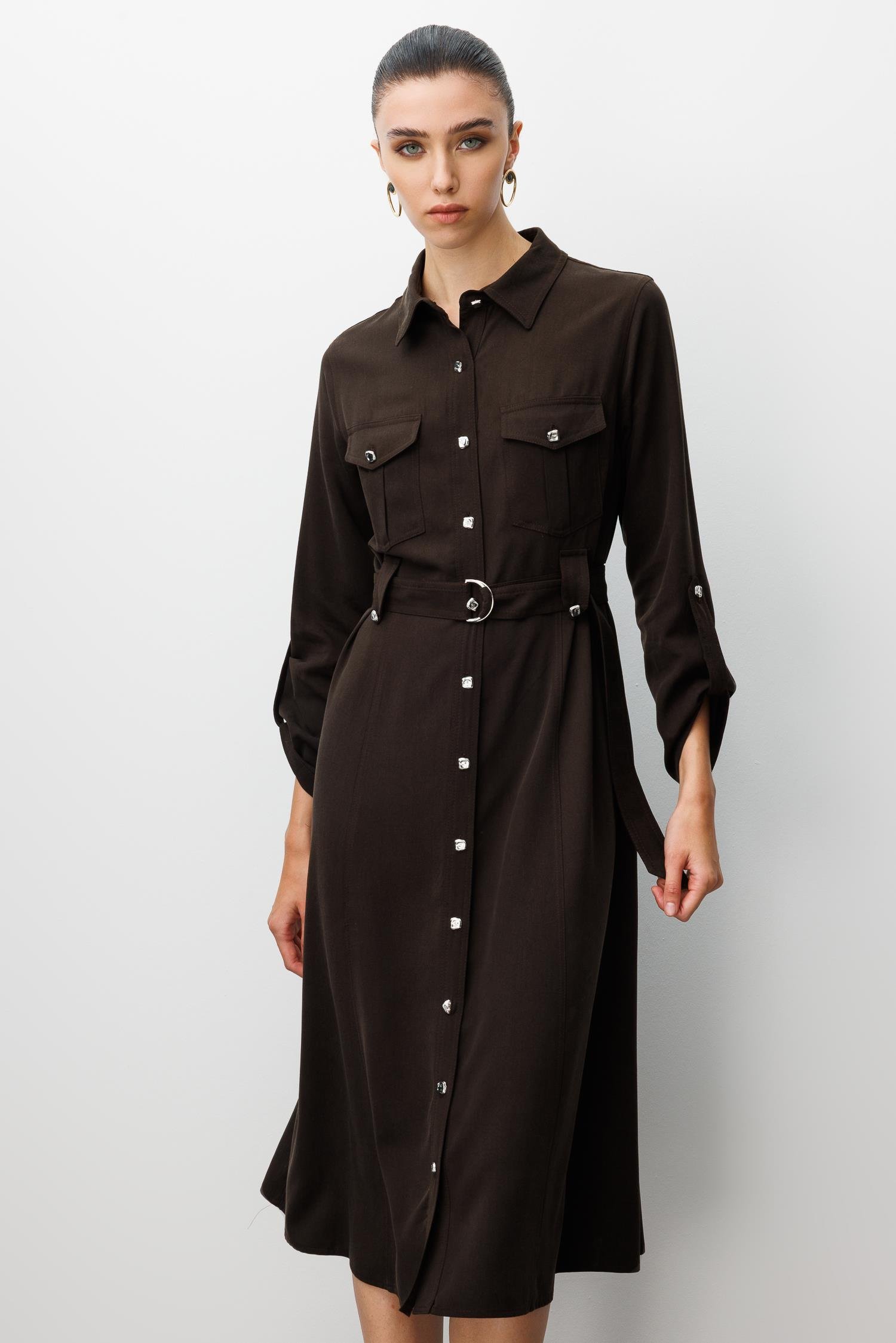 Modailgi  Spor Dikiş Detaylı Belde Kuşaklı Apoletli Midi Boy Gömlek Elbise Kahve