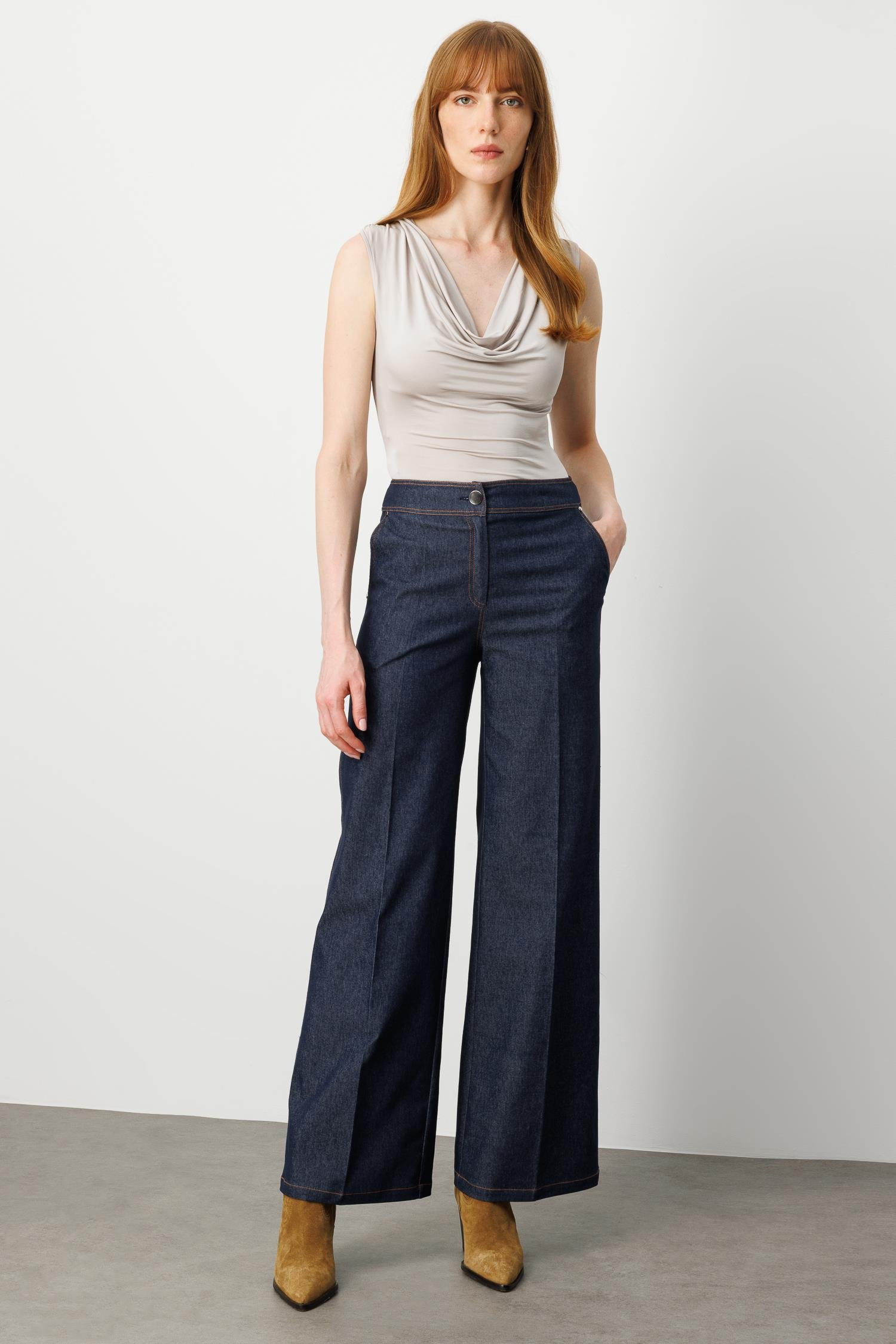 Modailgi  Spor Dikiş Detaylı İspanyol Paça Yüksek Bel Tencel Kot Pantolon Lacivert