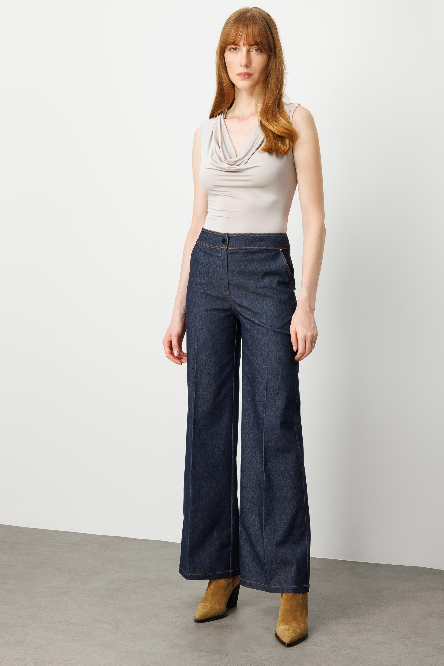 Modailgi  Spor Dikiş Detaylı İspanyol Paça Yüksek Bel Tencel Kot Pantolon Lacivert