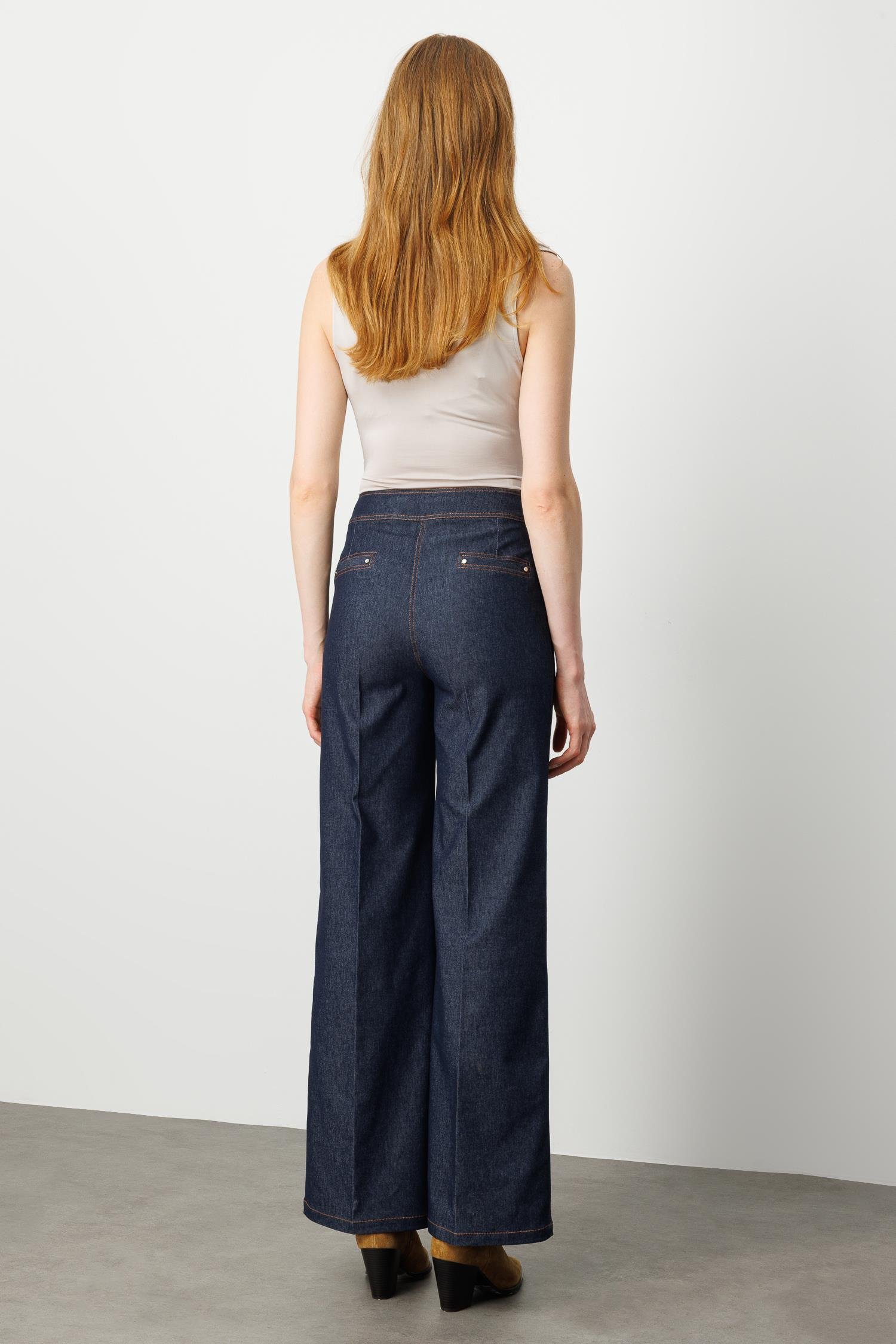 Modailgi  Spor Dikiş Detaylı İspanyol Paça Yüksek Bel Tencel Kot Pantolon Lacivert