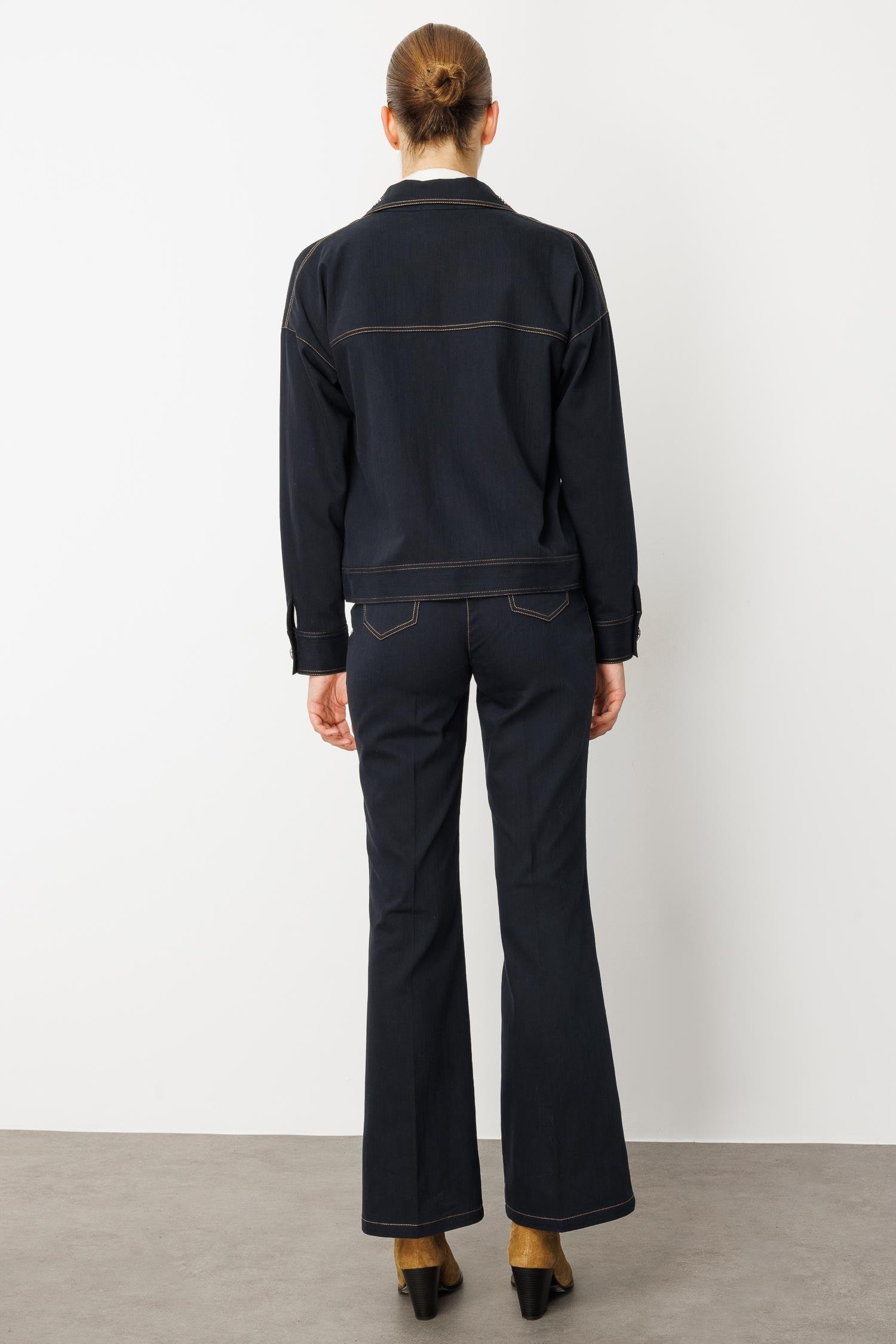 Modailgi  Spor Dikişli Taş Aksesuar Detaylı Oversize Denim Ceket - 40019 Lacivert