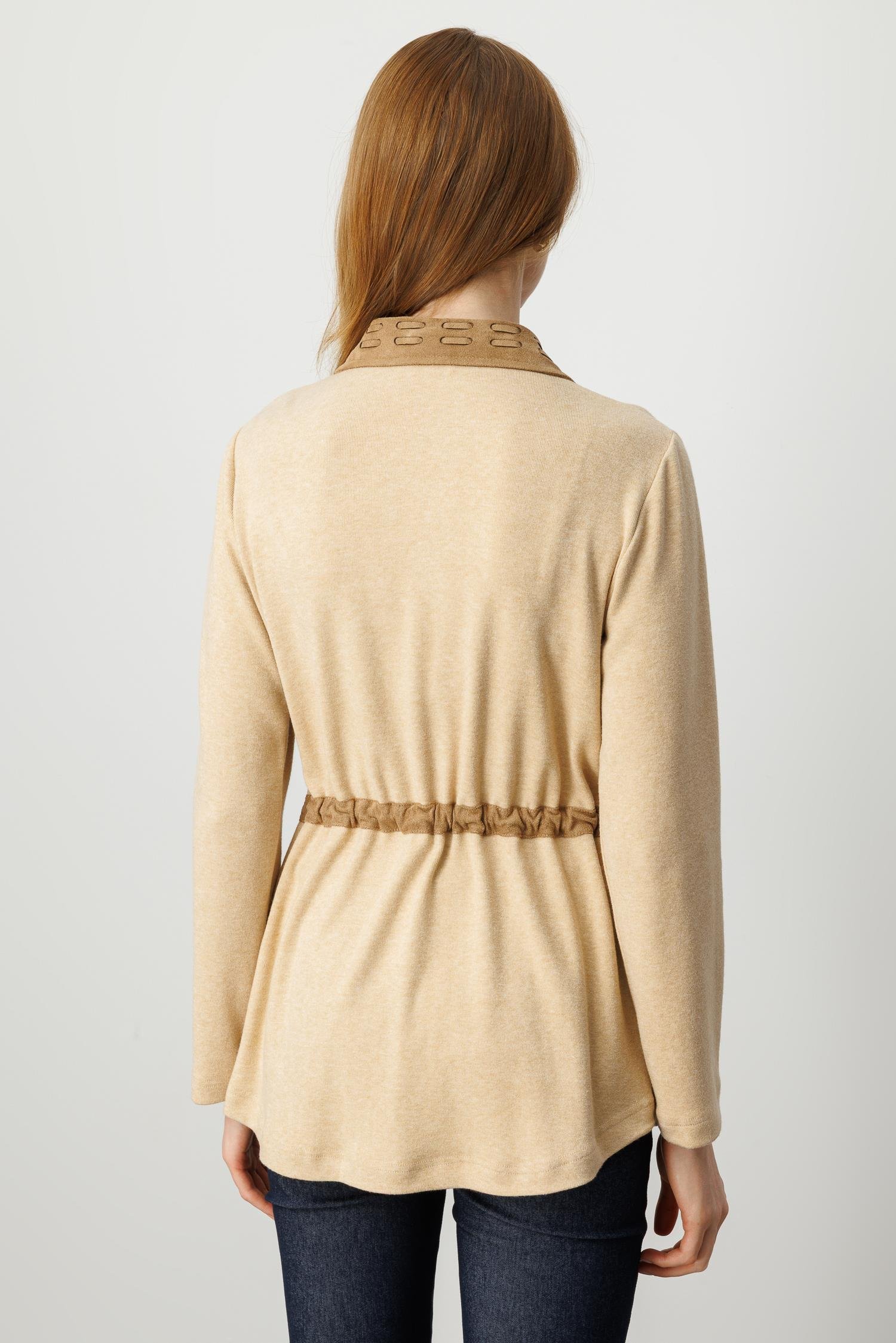 Modailgi  Süet Kumaş Garni Detaylı Belden Tünel Bağcıklı Lazer Kesim Triko Gömlek Camel