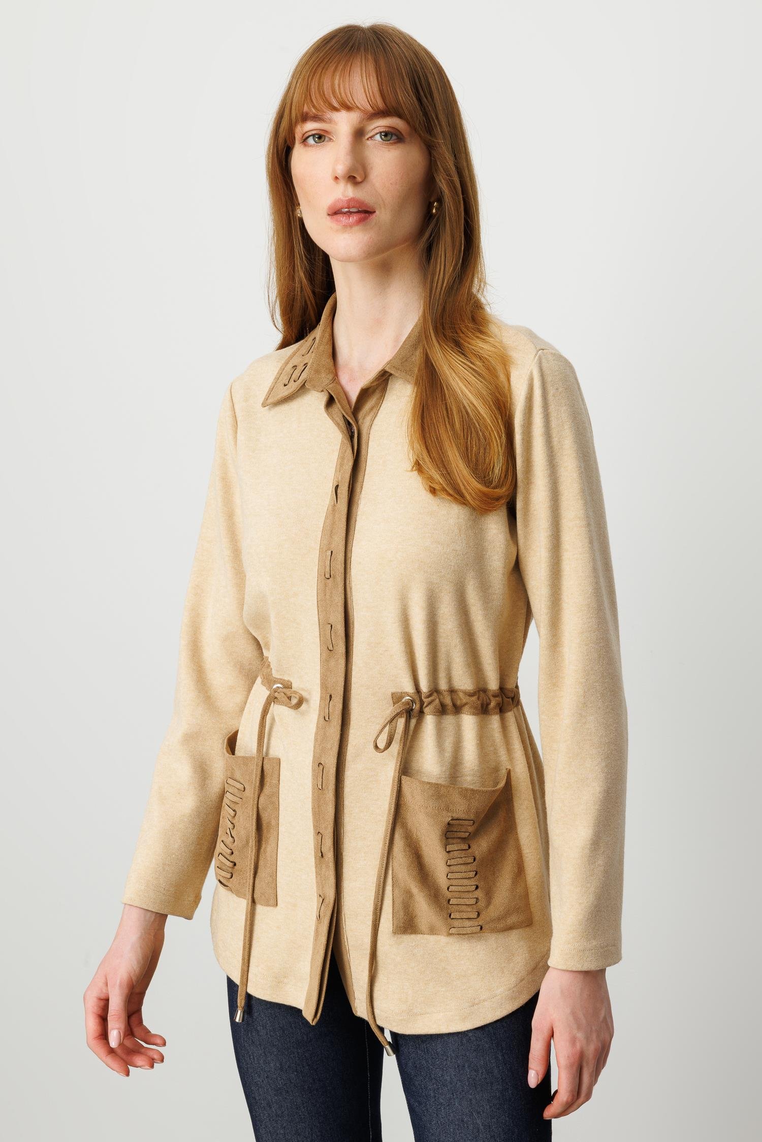 Modailgi  Süet Kumaş Garni Detaylı Belden Tünel Bağcıklı Lazer Kesim Triko Gömlek Camel