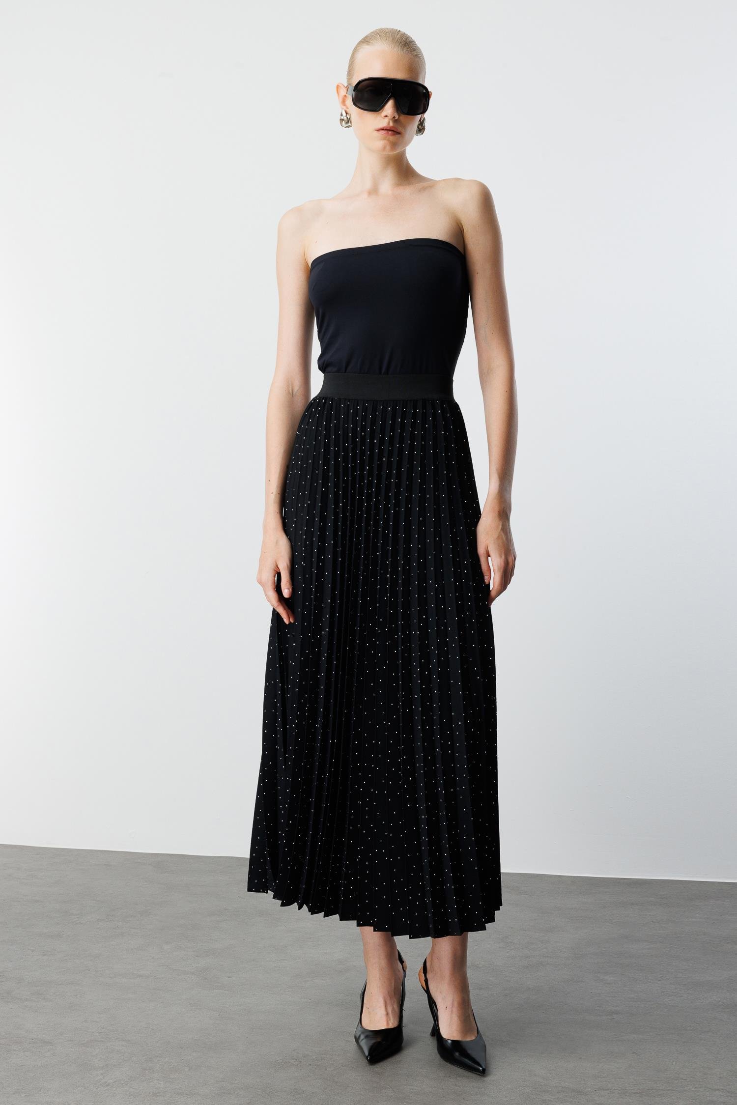 Modailgi  Swaroski Taşlı Plisoley Etek - 70061 Siyah