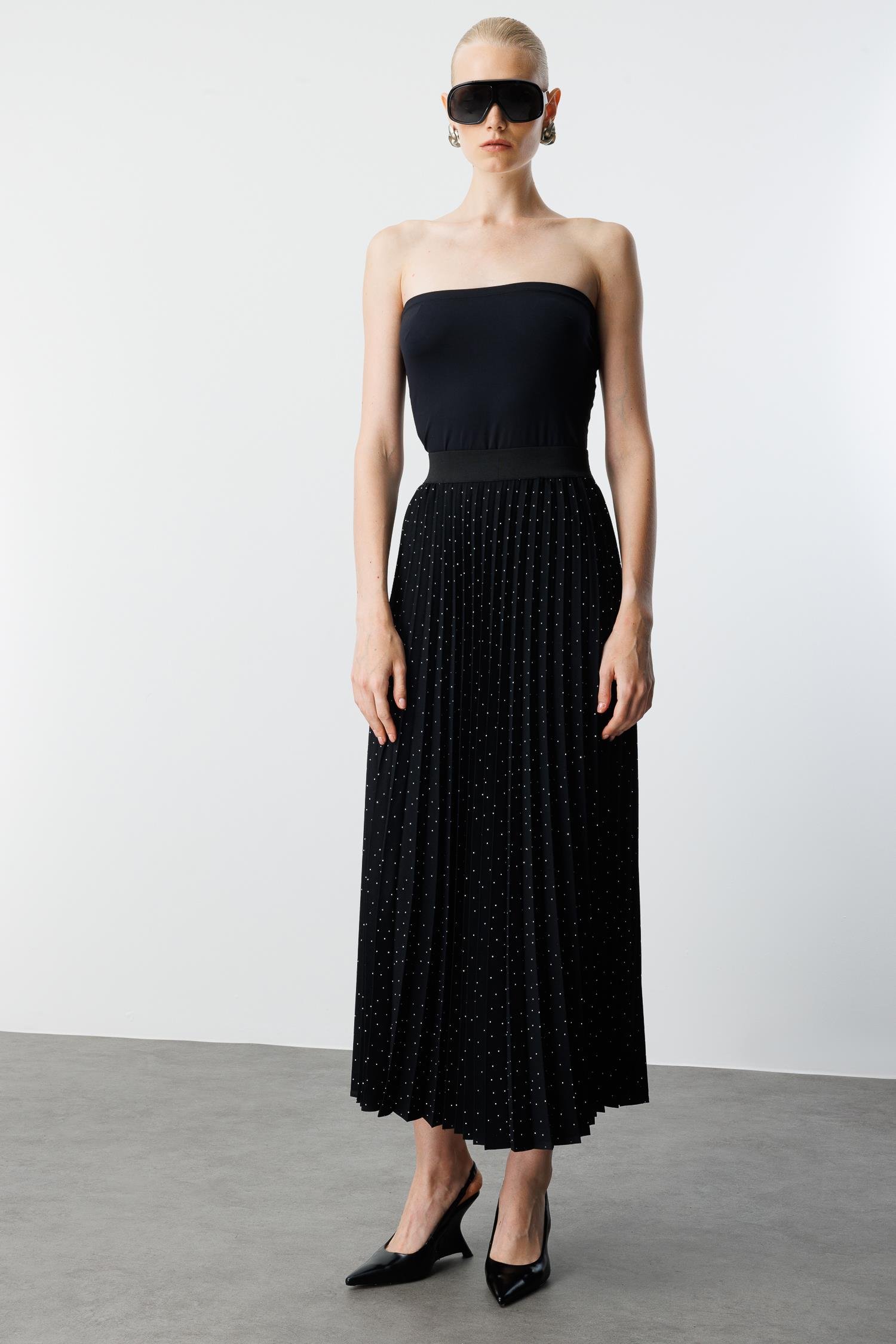 Modailgi  Swaroski Taşlı Plisoley Etek - 70061 Siyah