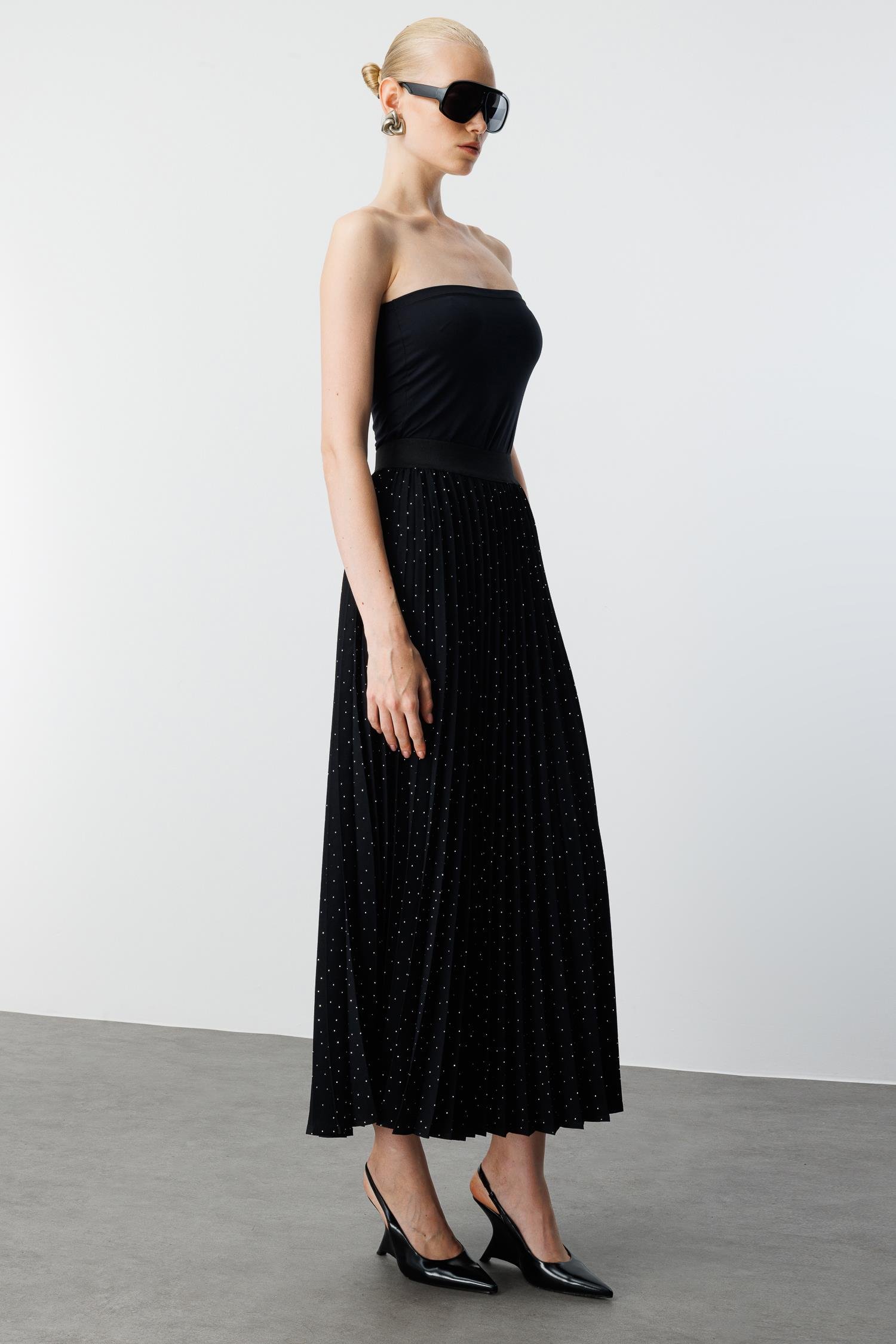 Modailgi  Swaroski Taşlı Plisoley Etek - 70061 Siyah