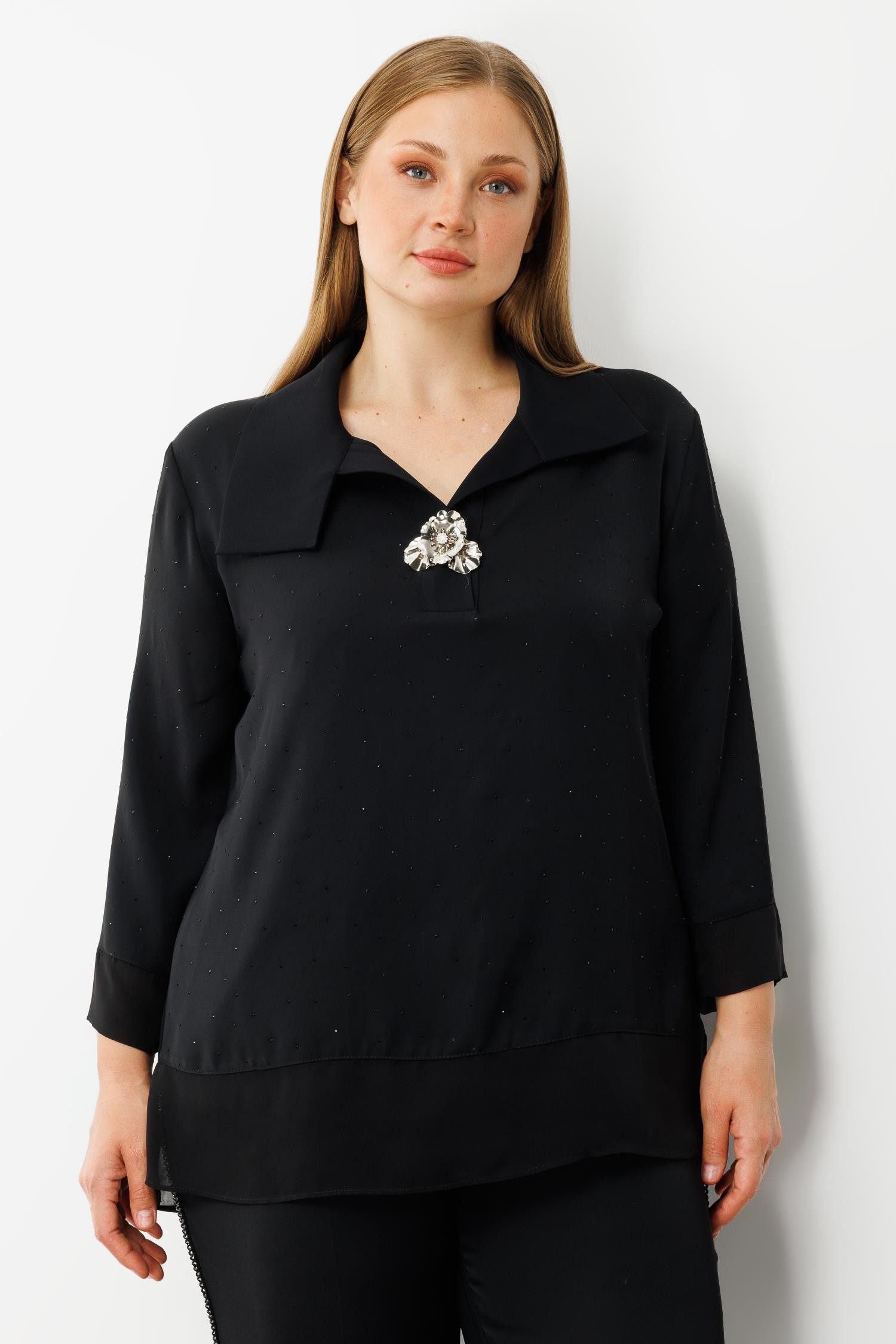 Modailgi  Takma Kol Geniş Yaka Broş Detaylı Bluz - 30053 Siyah