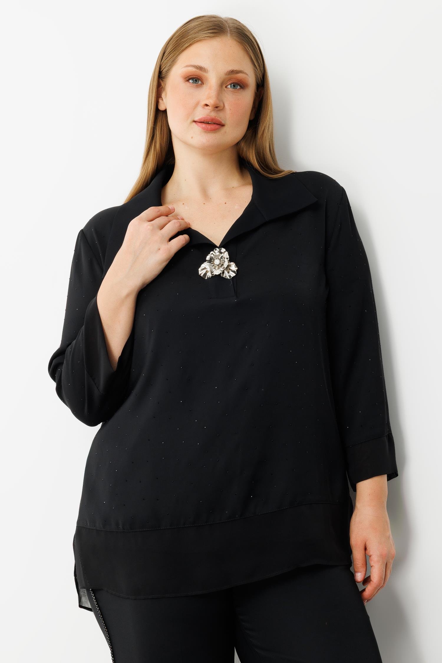 Modailgi  Takma Kol Geniş Yaka Broş Detaylı Bluz - 30053 Siyah