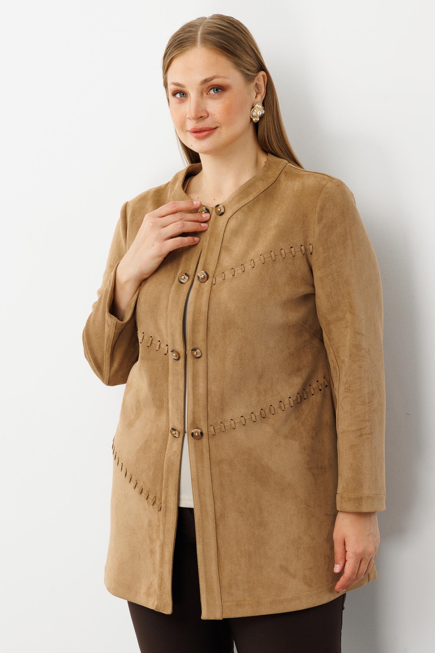 Modailgi  Takma Kol Lazer Kesim Detaylı Sıfır Yaka Ceket Vizon