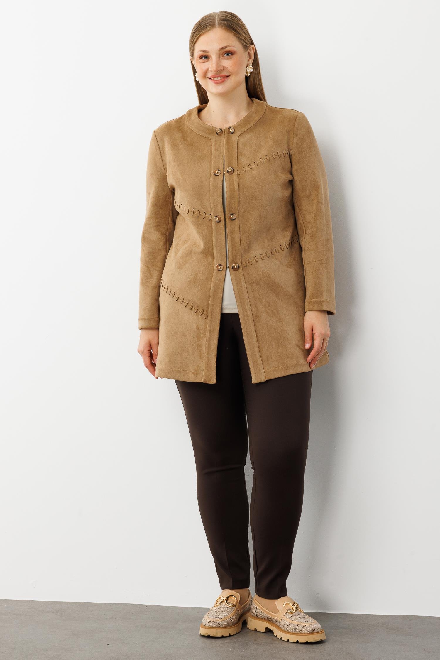 Modailgi  Takma Kol Lazer Kesim Detaylı Sıfır Yaka Ceket Vizon