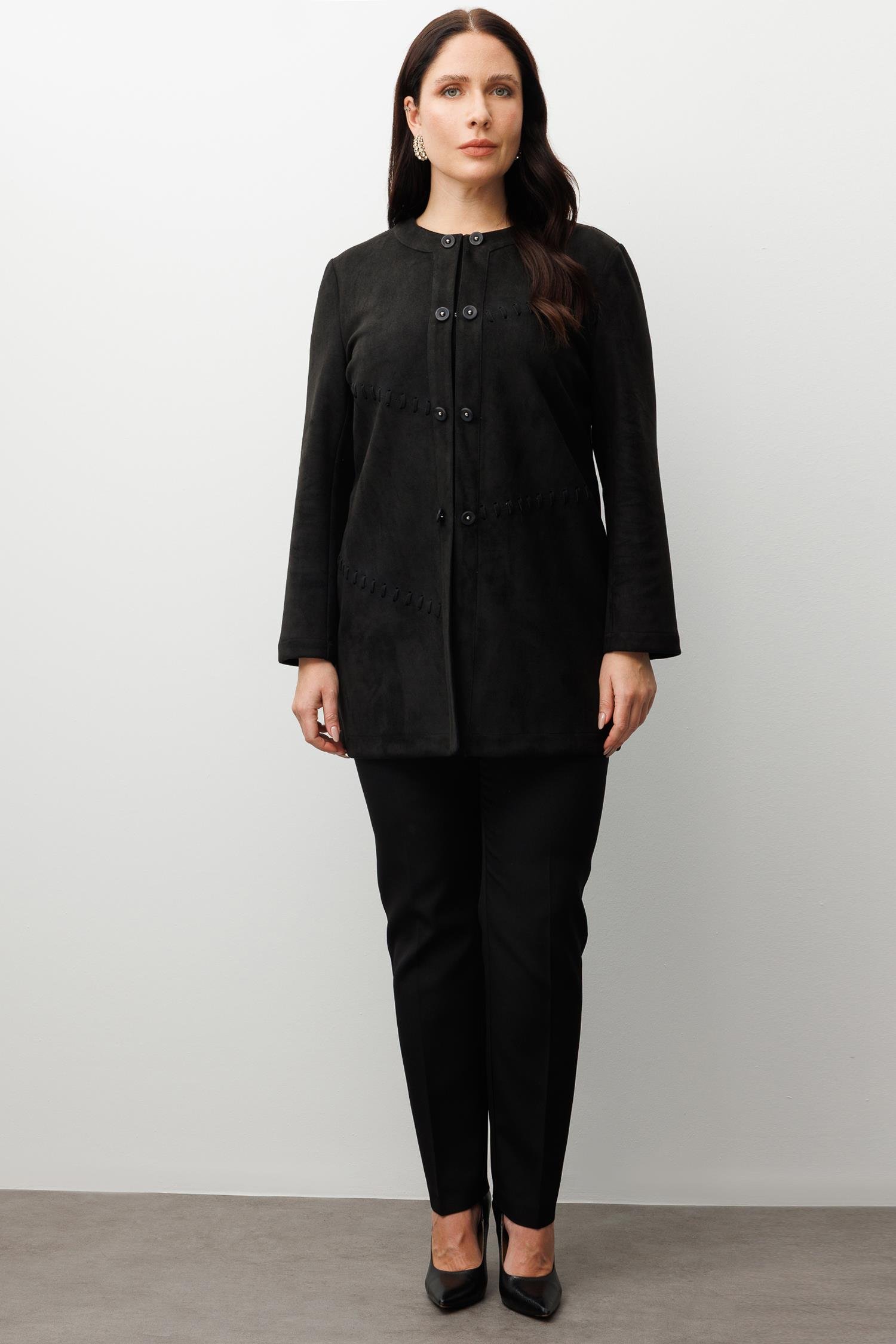 Modailgi  Takma Kol Lazer Kesim Detaylı Sıfır Yaka Ceket Siyah