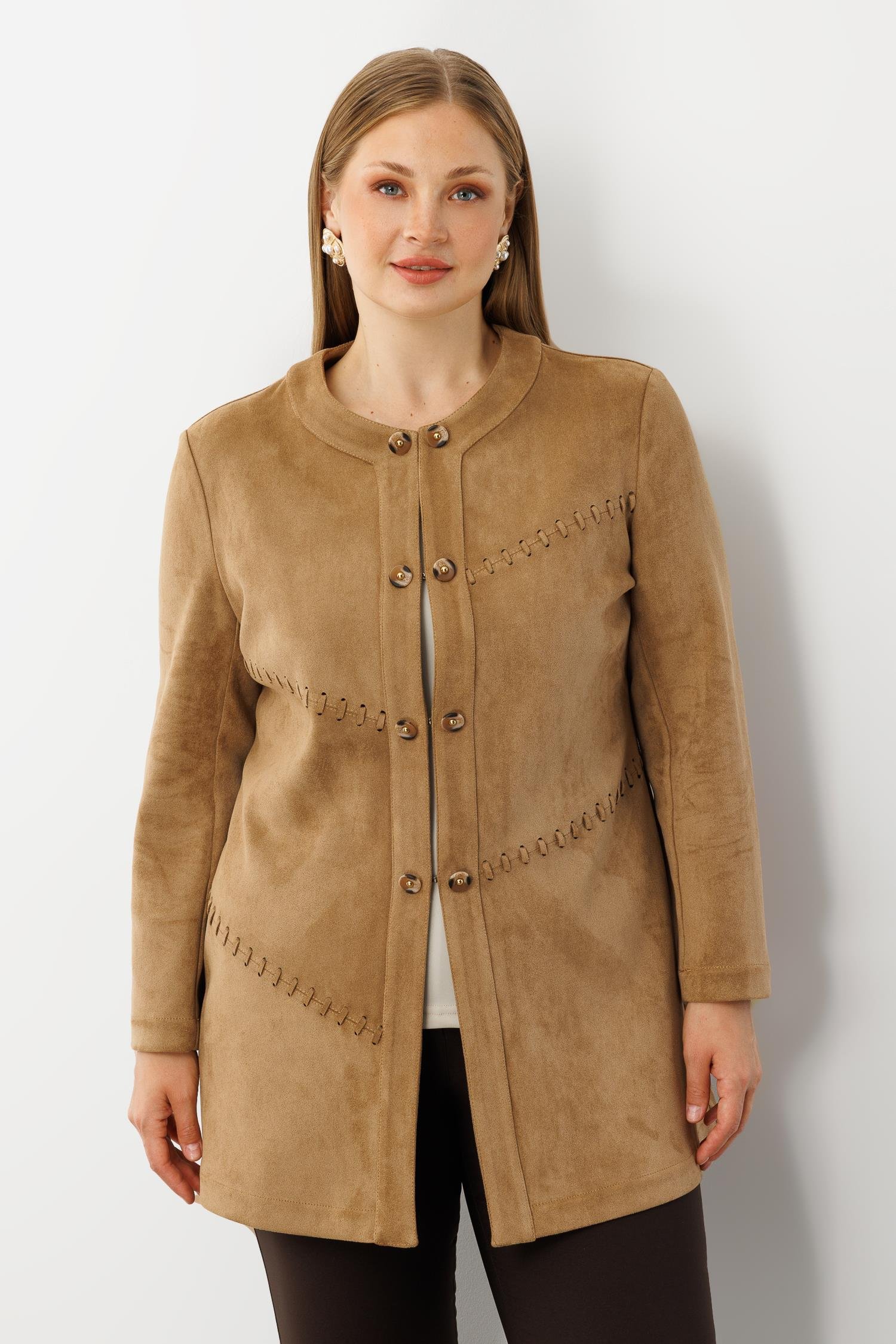 Modailgi  Takma Kol Lazer Kesim Detaylı Sıfır Yaka Ceket Vizon