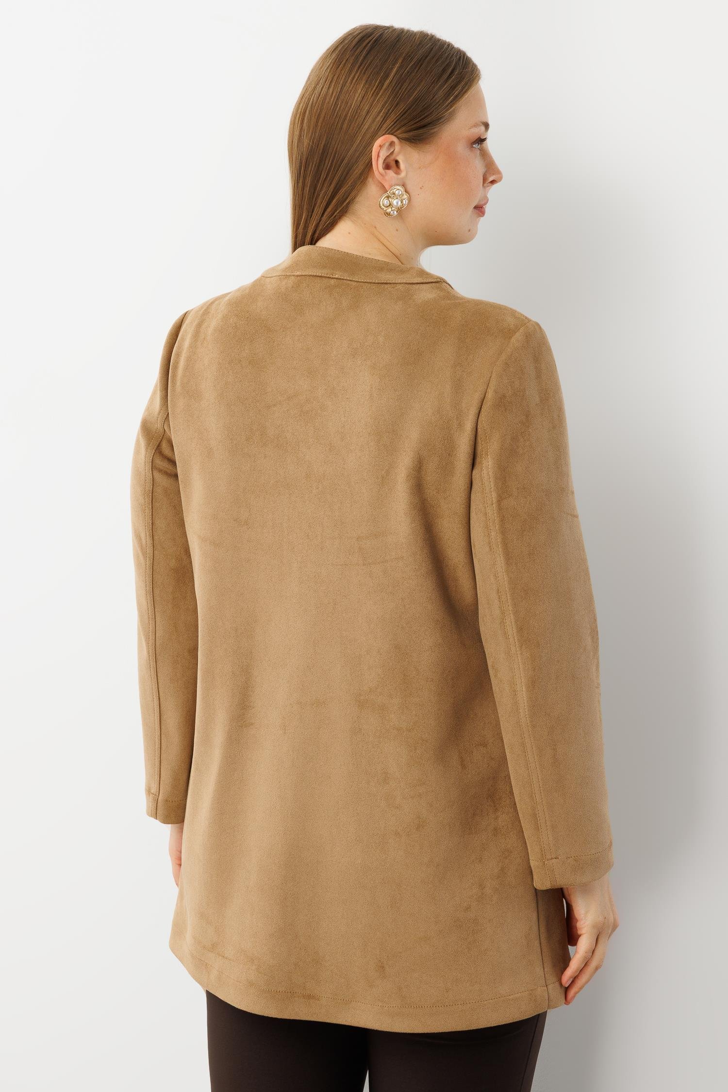 Modailgi  Takma Kol Lazer Kesim Detaylı Sıfır Yaka Ceket Vizon