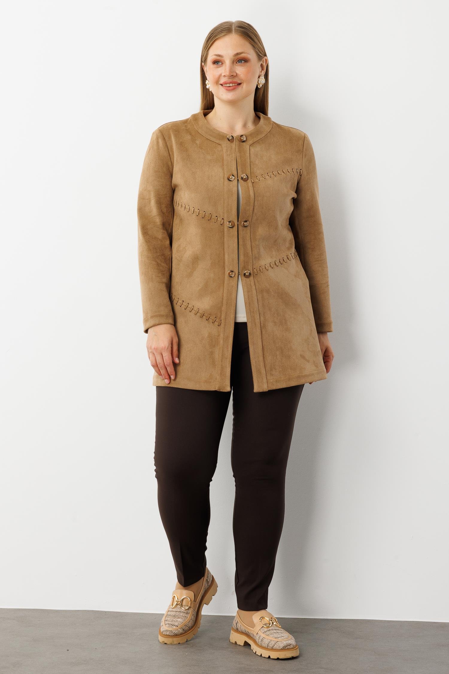 Modailgi  Takma Kol Lazer Kesim Detaylı Sıfır Yaka Ceket Vizon