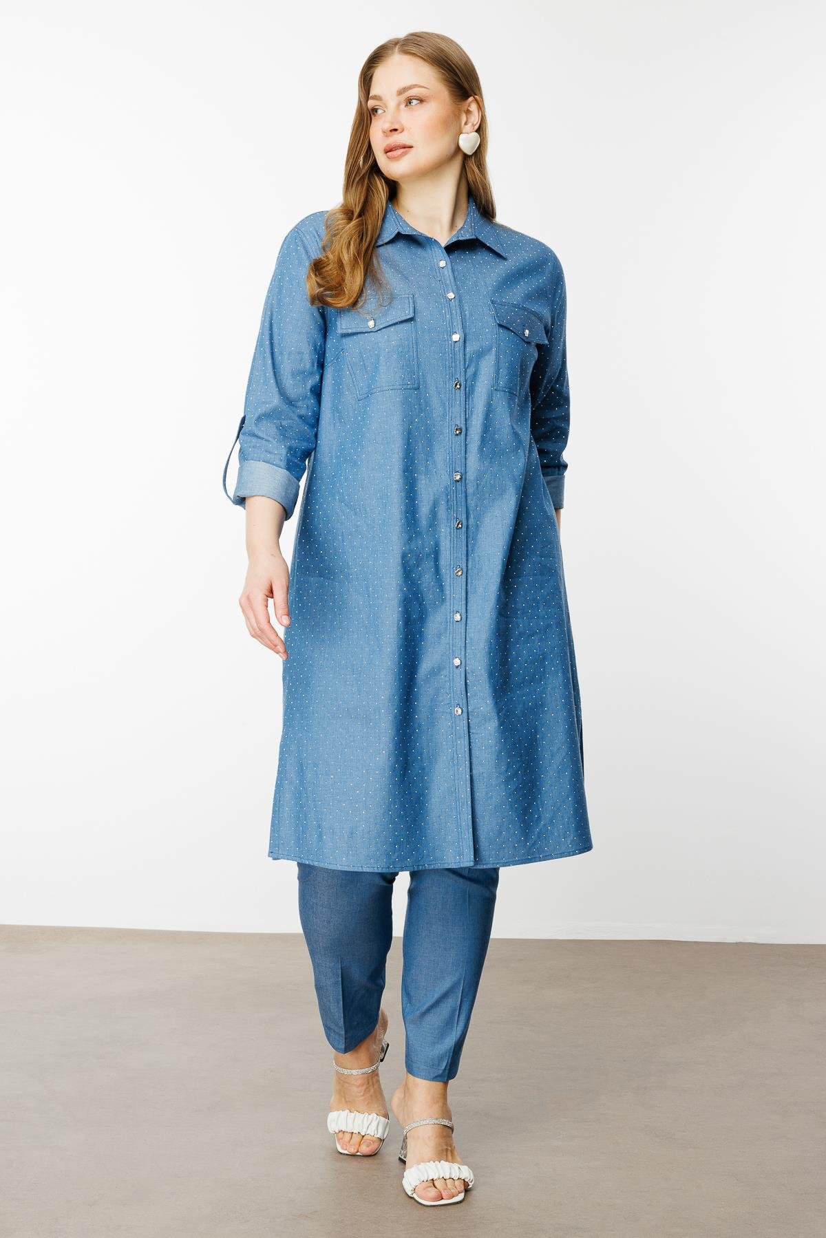 Modailgi  Taş Detaylı Cepli Tunik İndigo