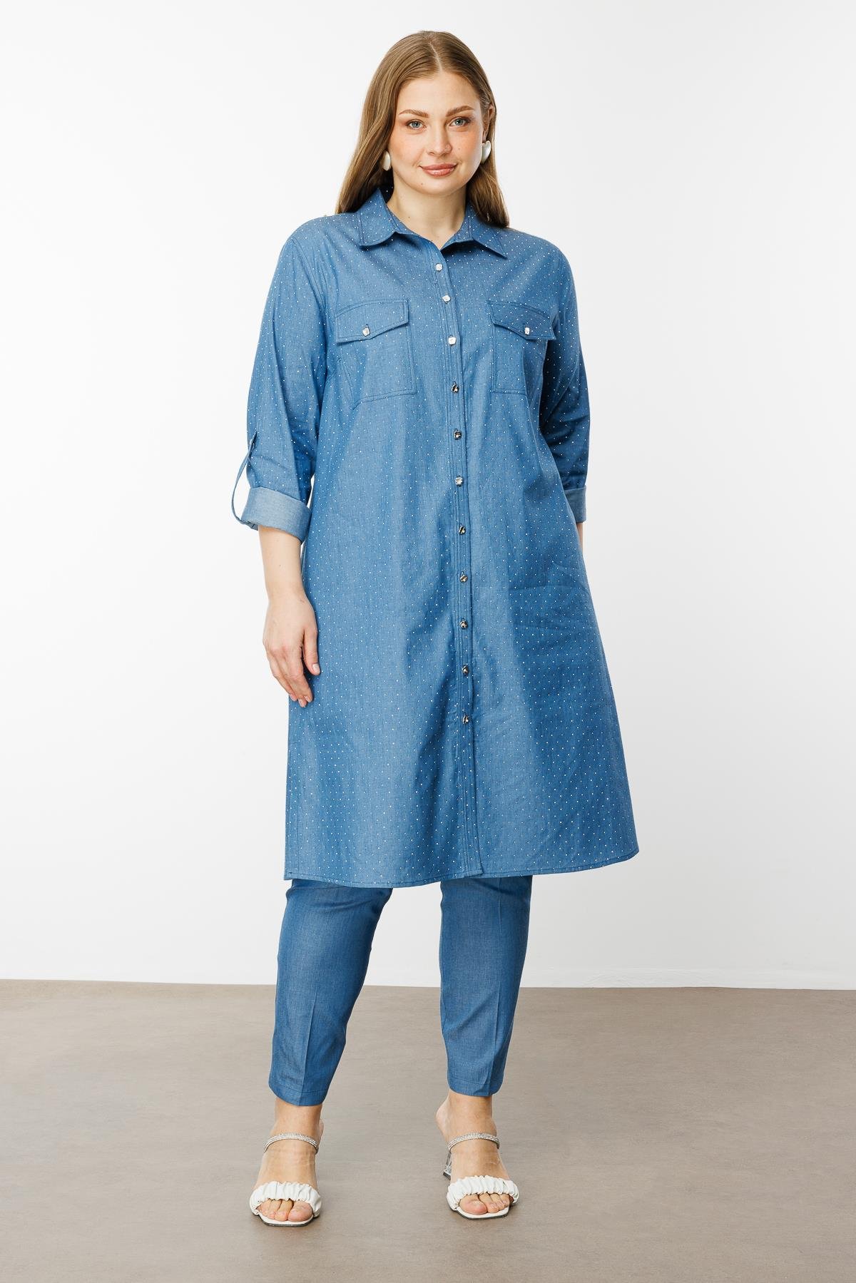 Modailgi  Taş Detaylı Cepli Tunik İndigo