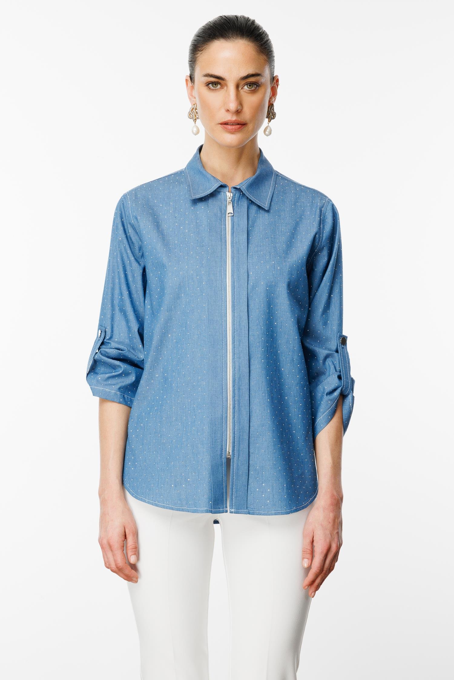 Modailgi  Taş Detaylı Fermuar Kapamalı Gömlek Mavi