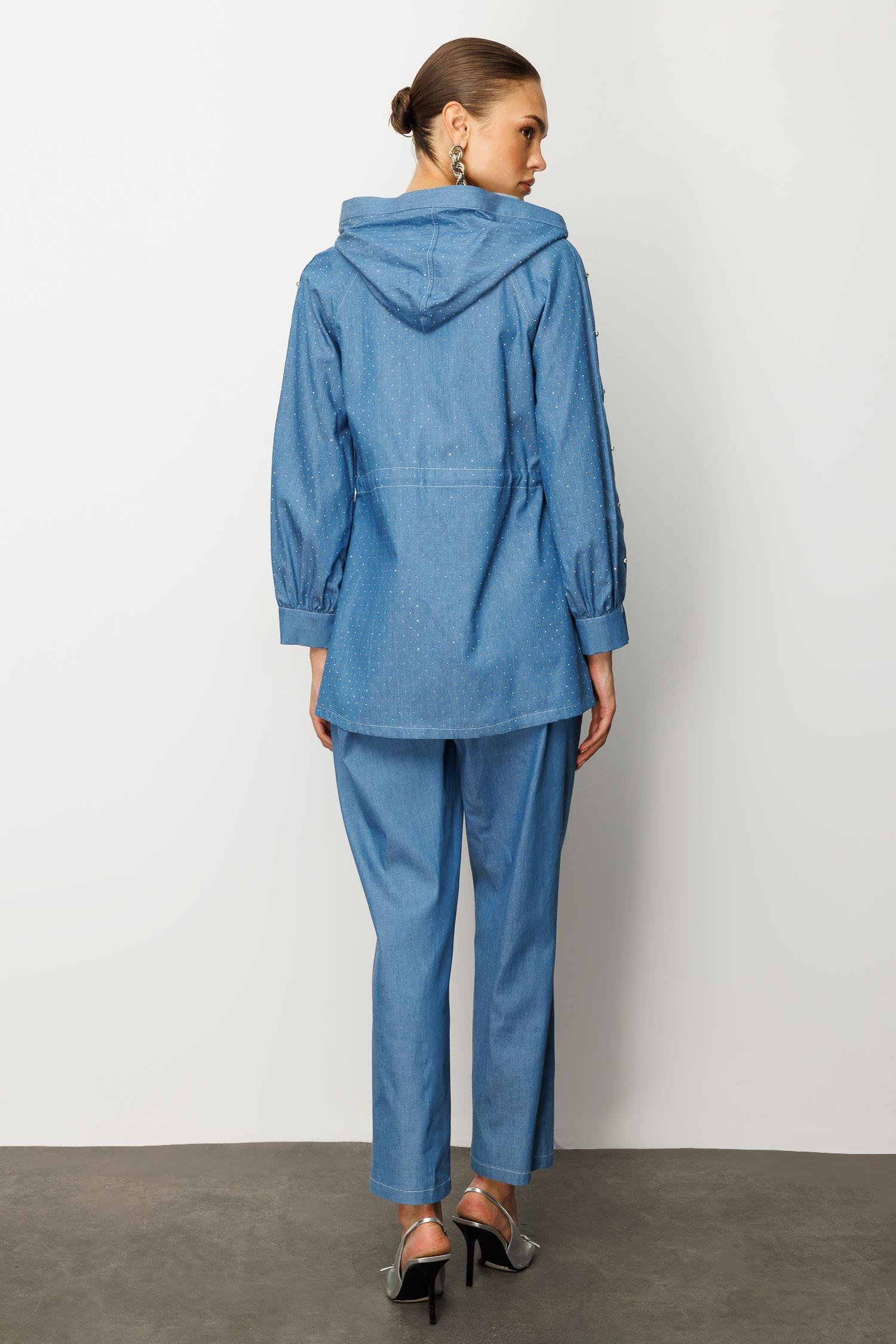 Modailgi  Taş Detaylı Fermuar Kapamalı Kapüşonlu Tunik İndigo