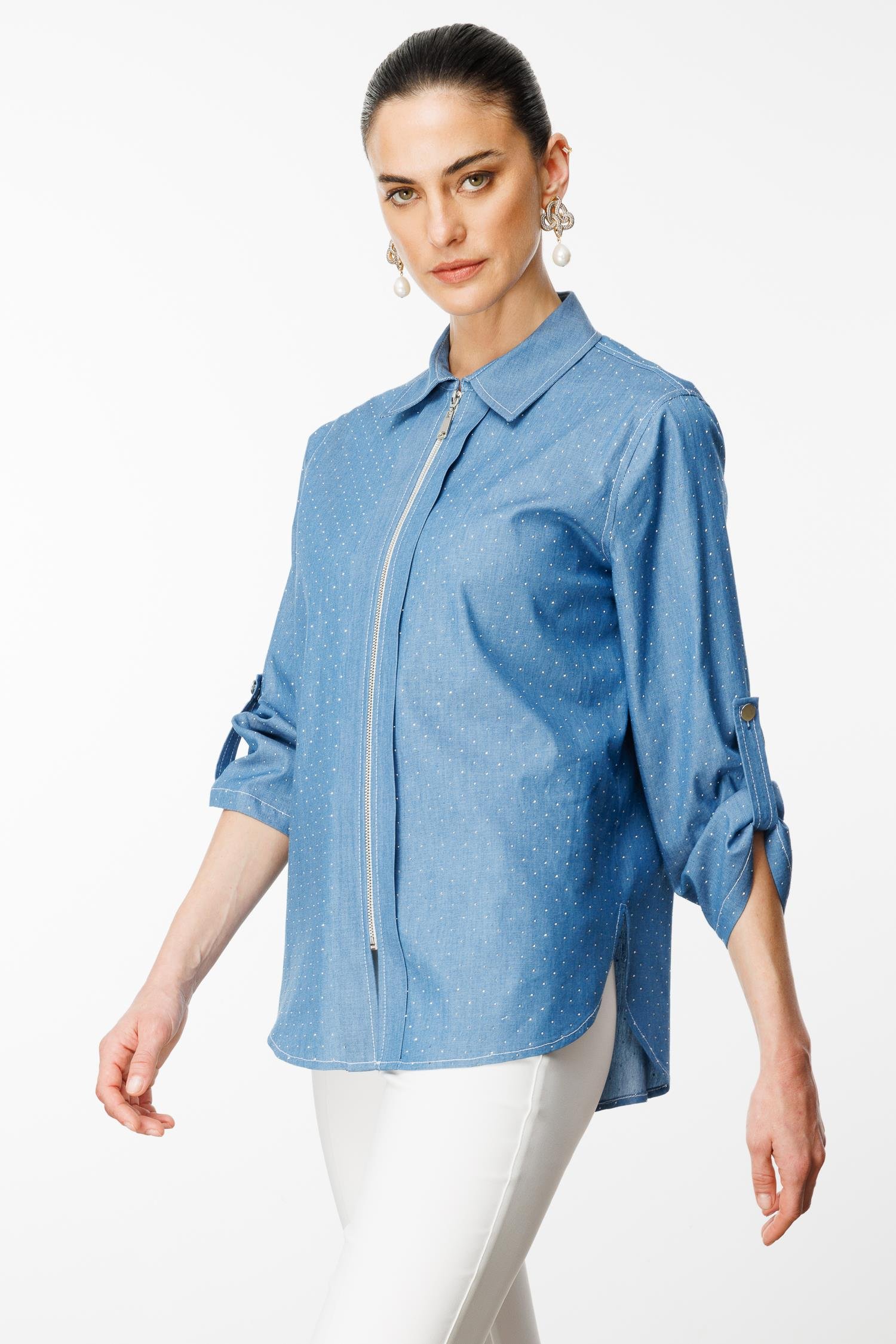 Modailgi  Taş Detaylı Fermuar Kapamalı Gömlek Mavi