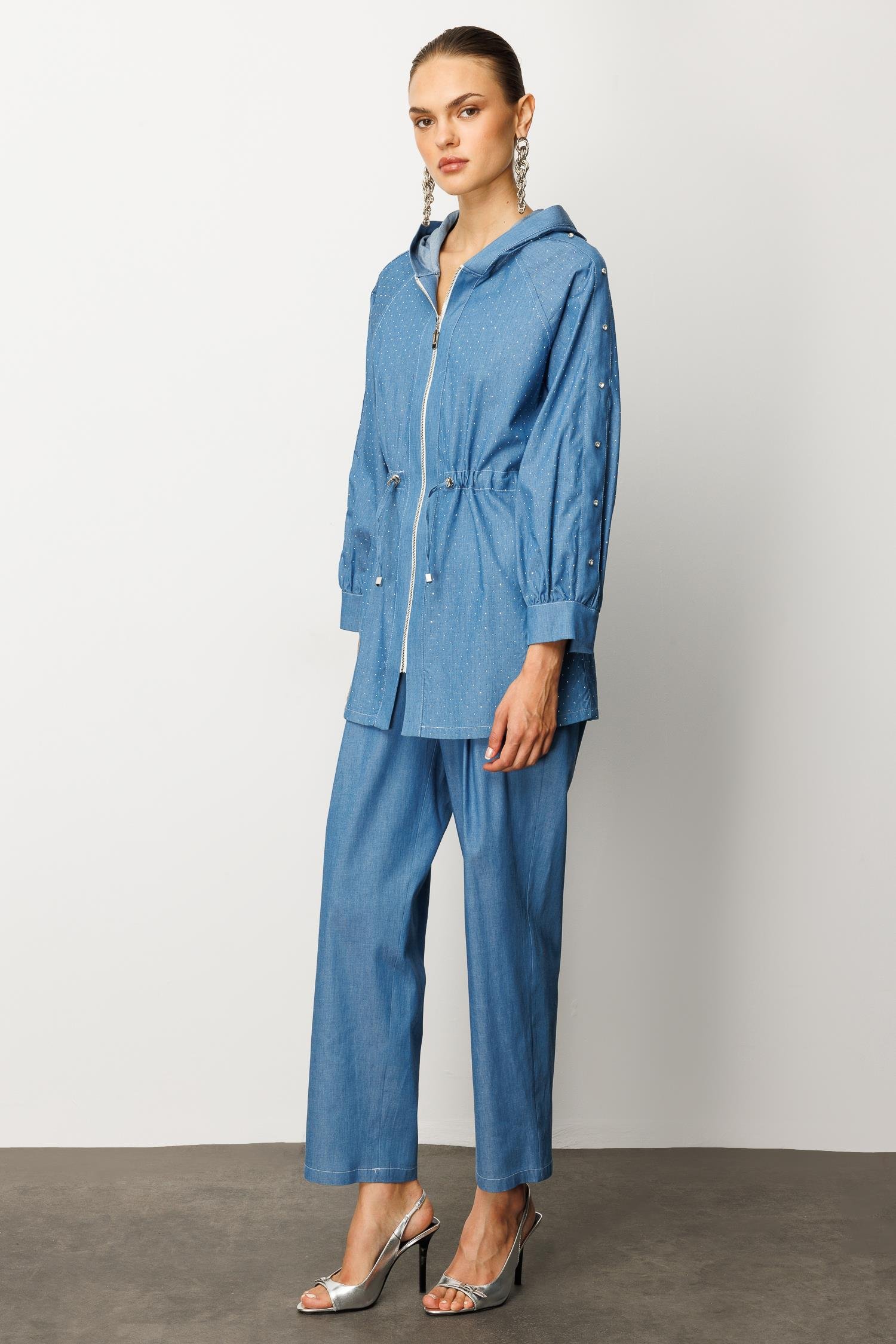 Modailgi  Taş Detaylı Fermuar Kapamalı Kapüşonlu Tunik İndigo