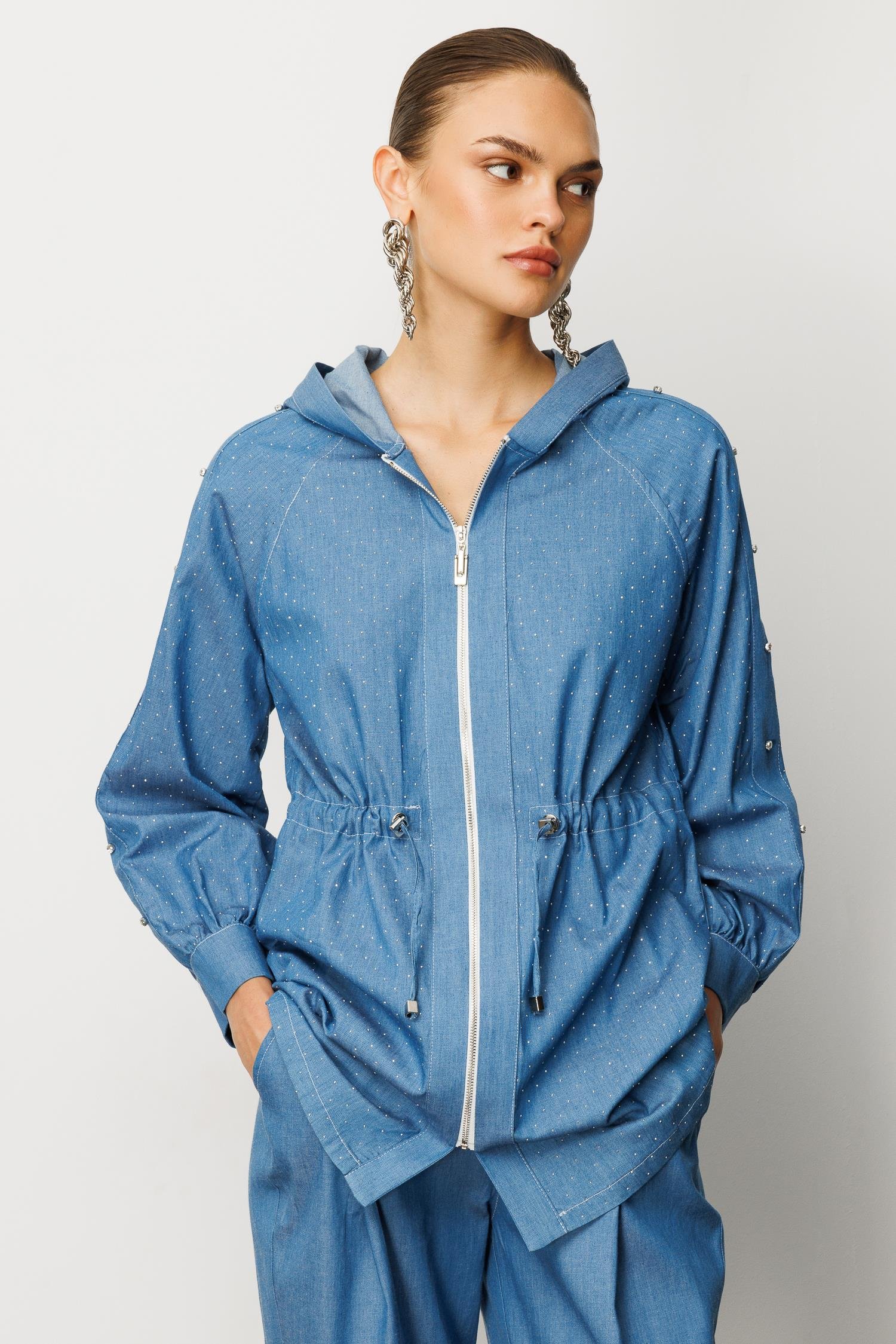 Modailgi  Taş Detaylı Fermuar Kapamalı Kapüşonlu Tunik İndigo