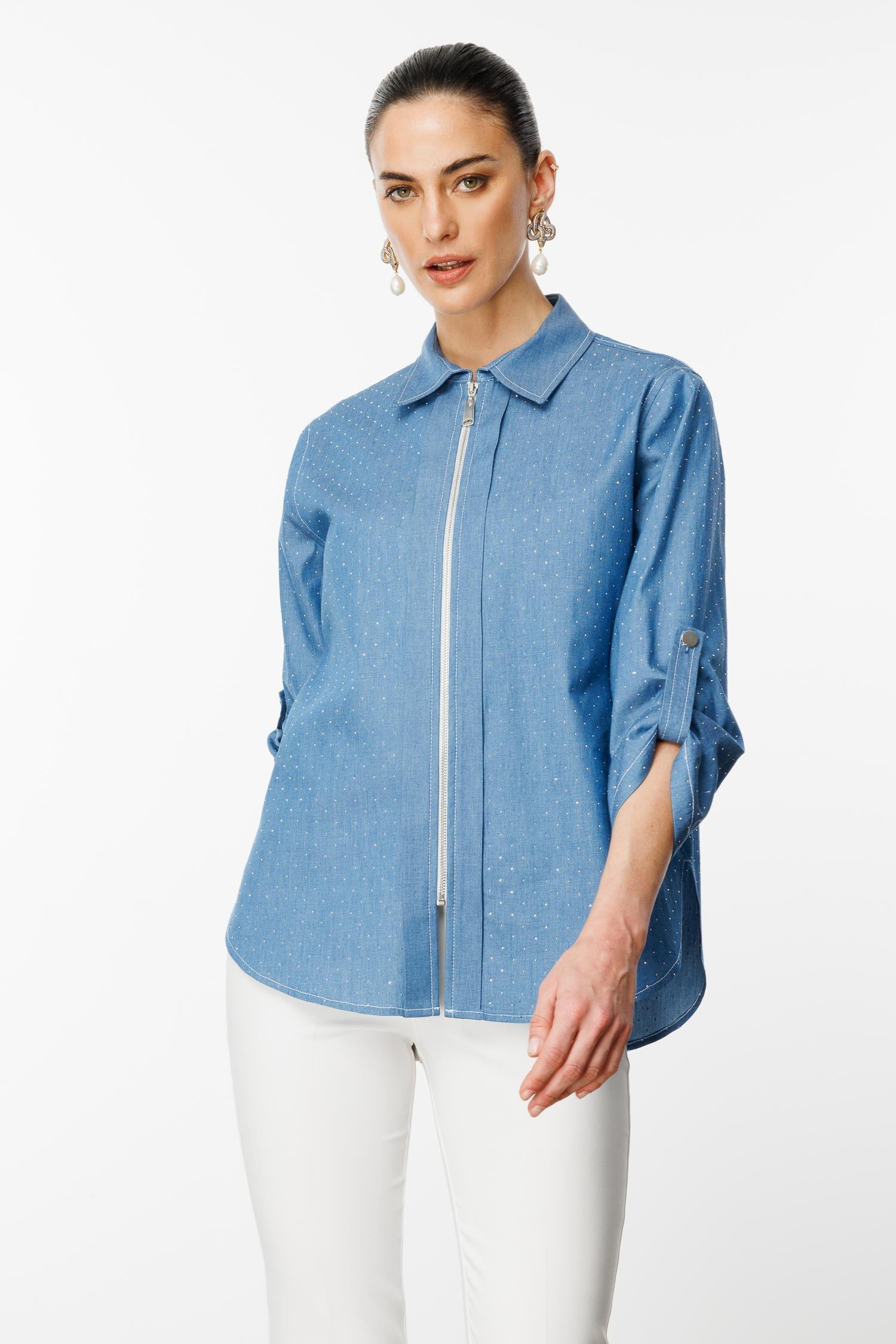 Modailgi  Taş Detaylı Fermuar Kapamalı Gömlek Mavi