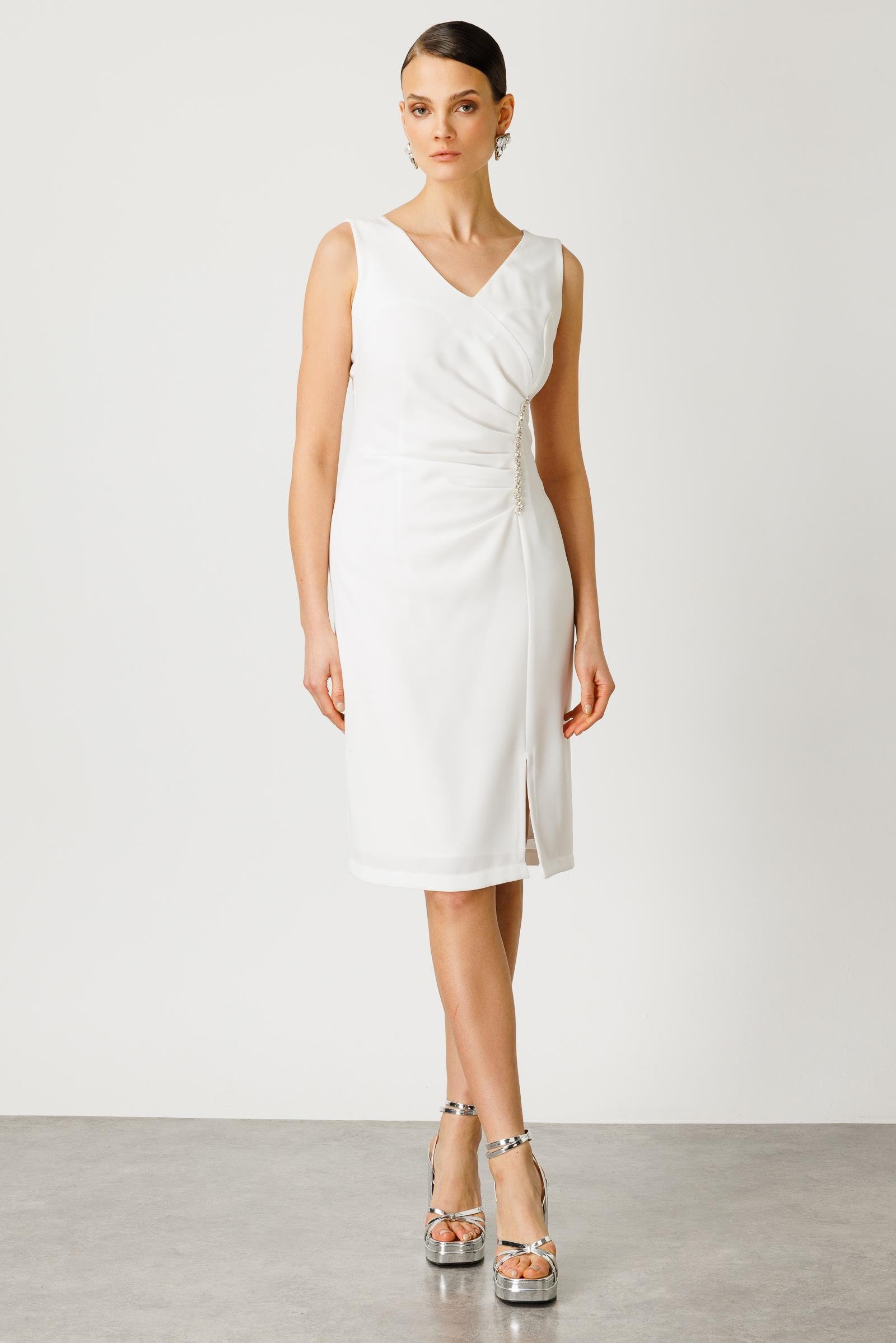 Modailgi  Taş Detaylı Midi Boy Kolsuz Elbise Ekru