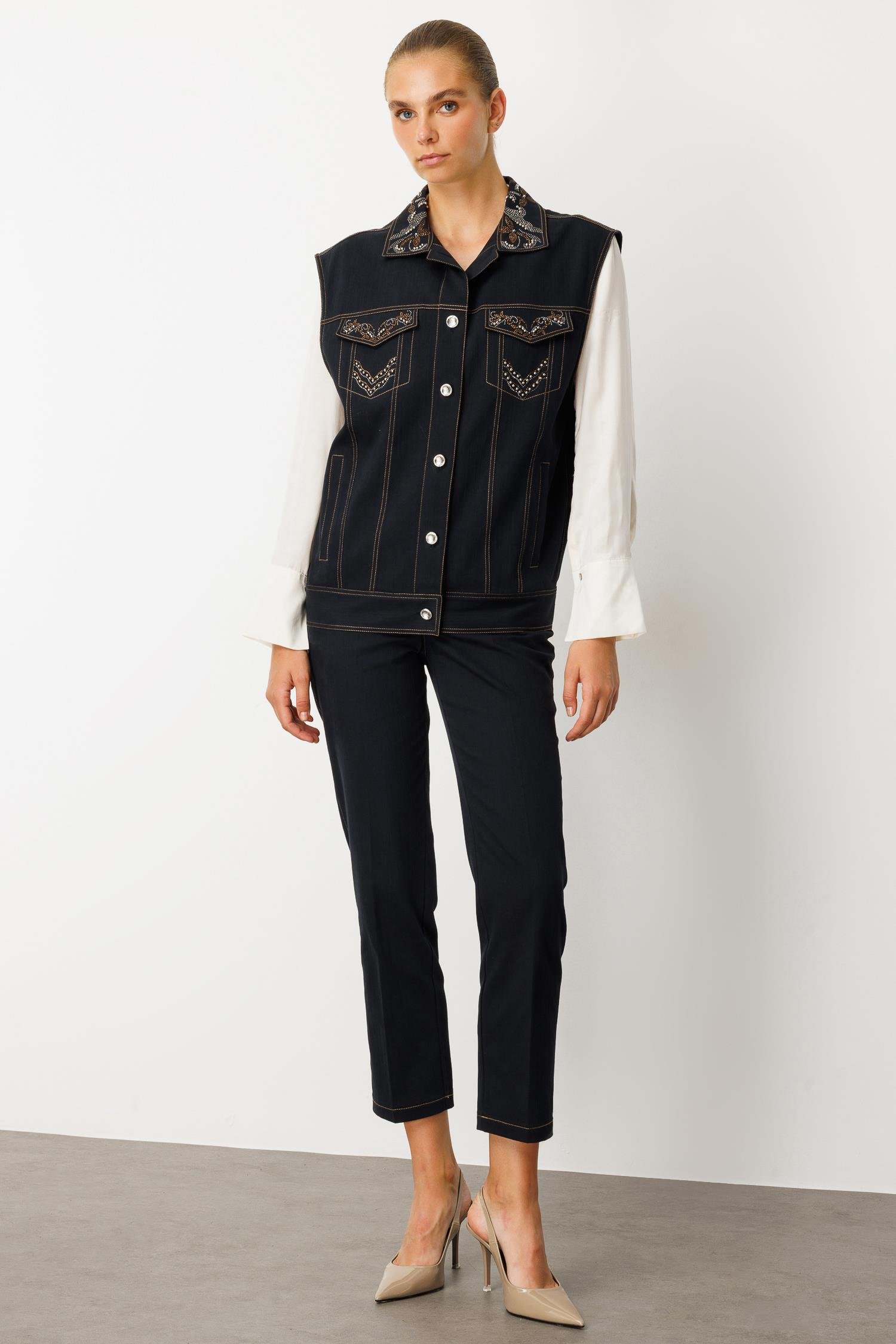 Modailgi  Taş Detaylı Oversize Denim Yelek - 40010 Lacivert