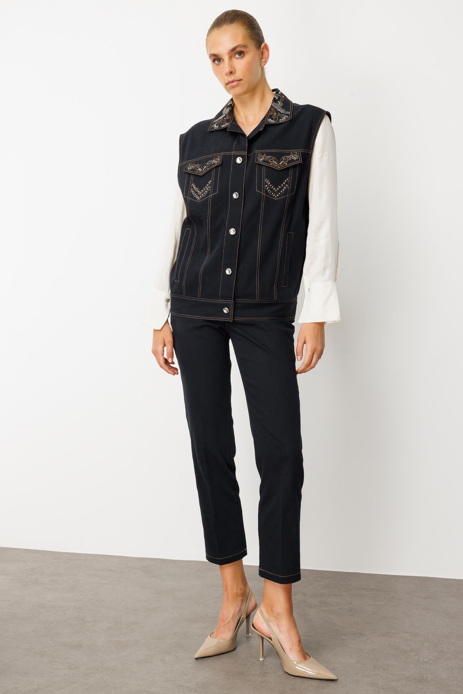 Modailgi  Taş Detaylı Oversize Denim Yelek - 40010 Lacivert