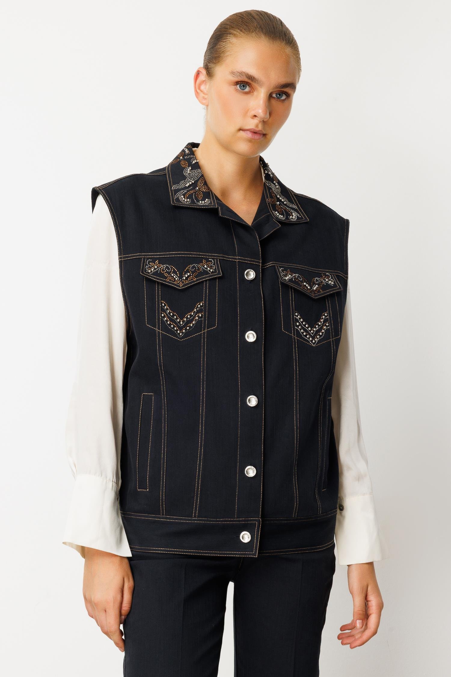 Modailgi  Taş Detaylı Oversize Denim Yelek - 40010 Lacivert