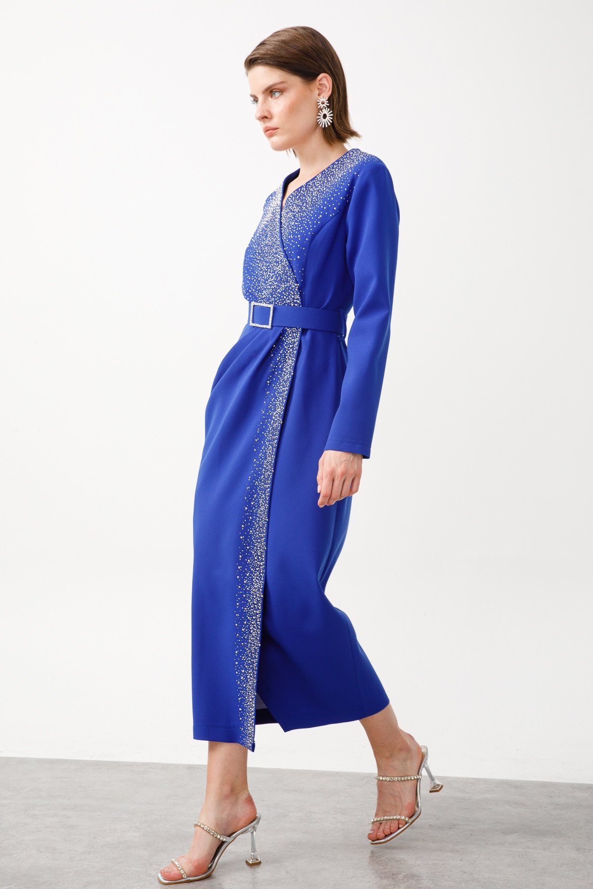 Modailgi  Taş Detaylı Uzun Elbise Saks