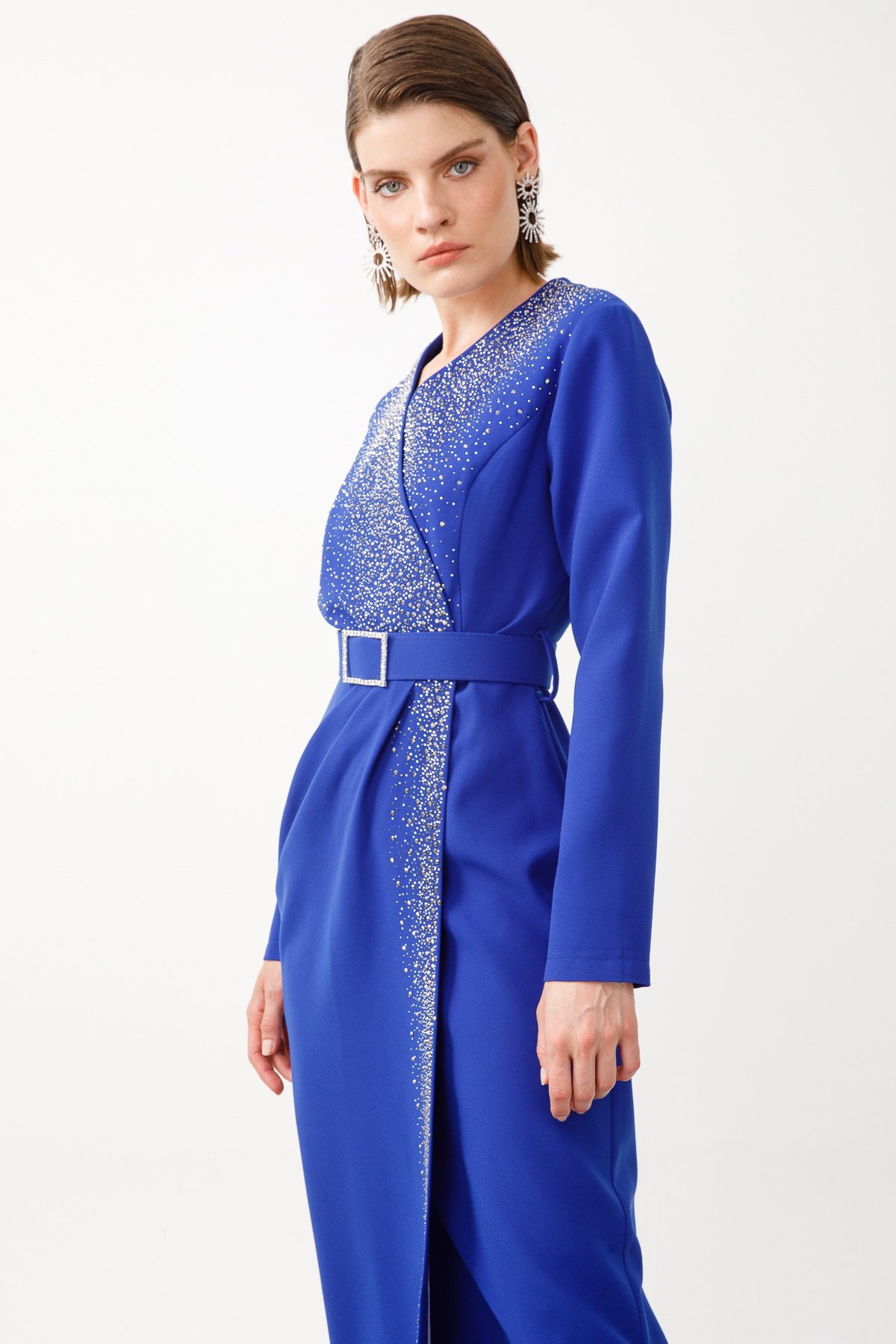 Modailgi  Taş Detaylı Uzun Elbise Saks