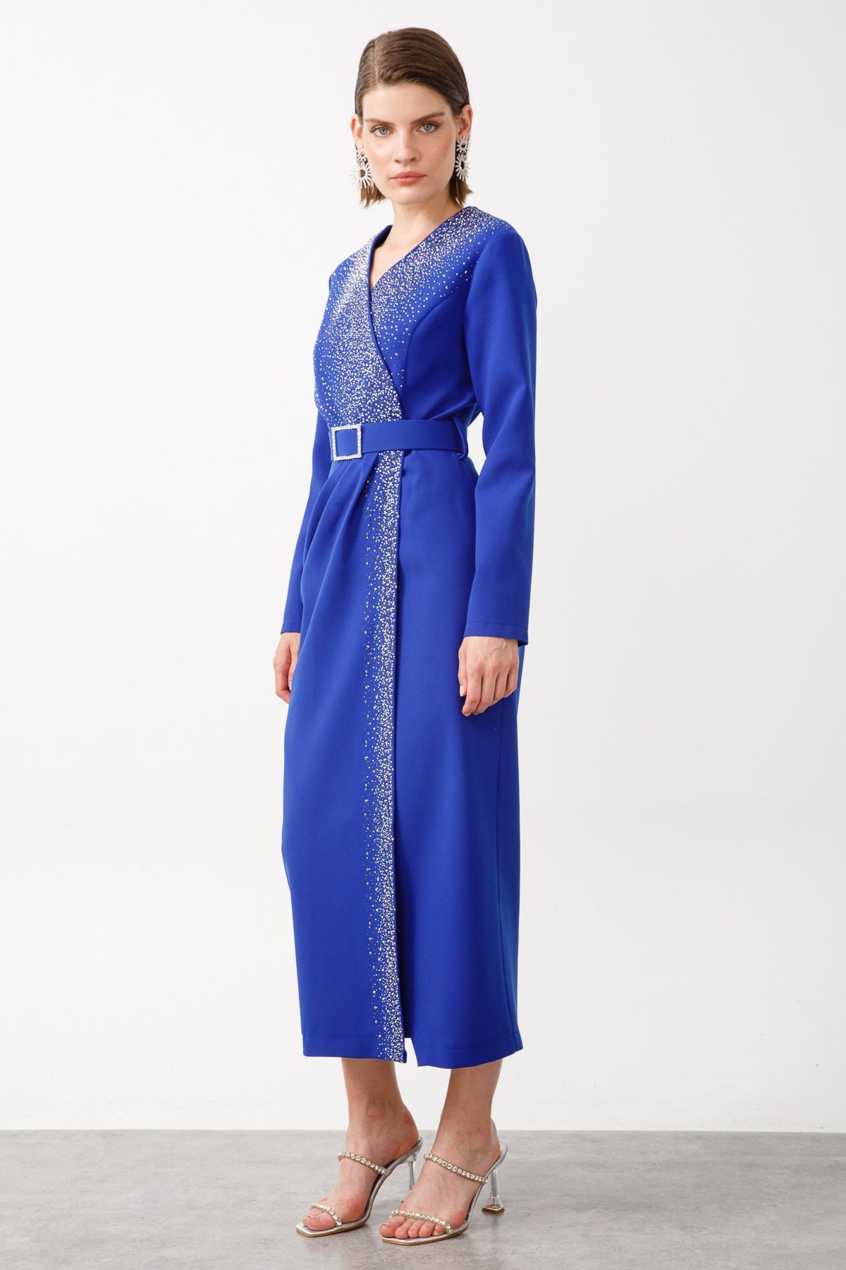 Modailgi  Taş Detaylı Uzun Elbise Saks