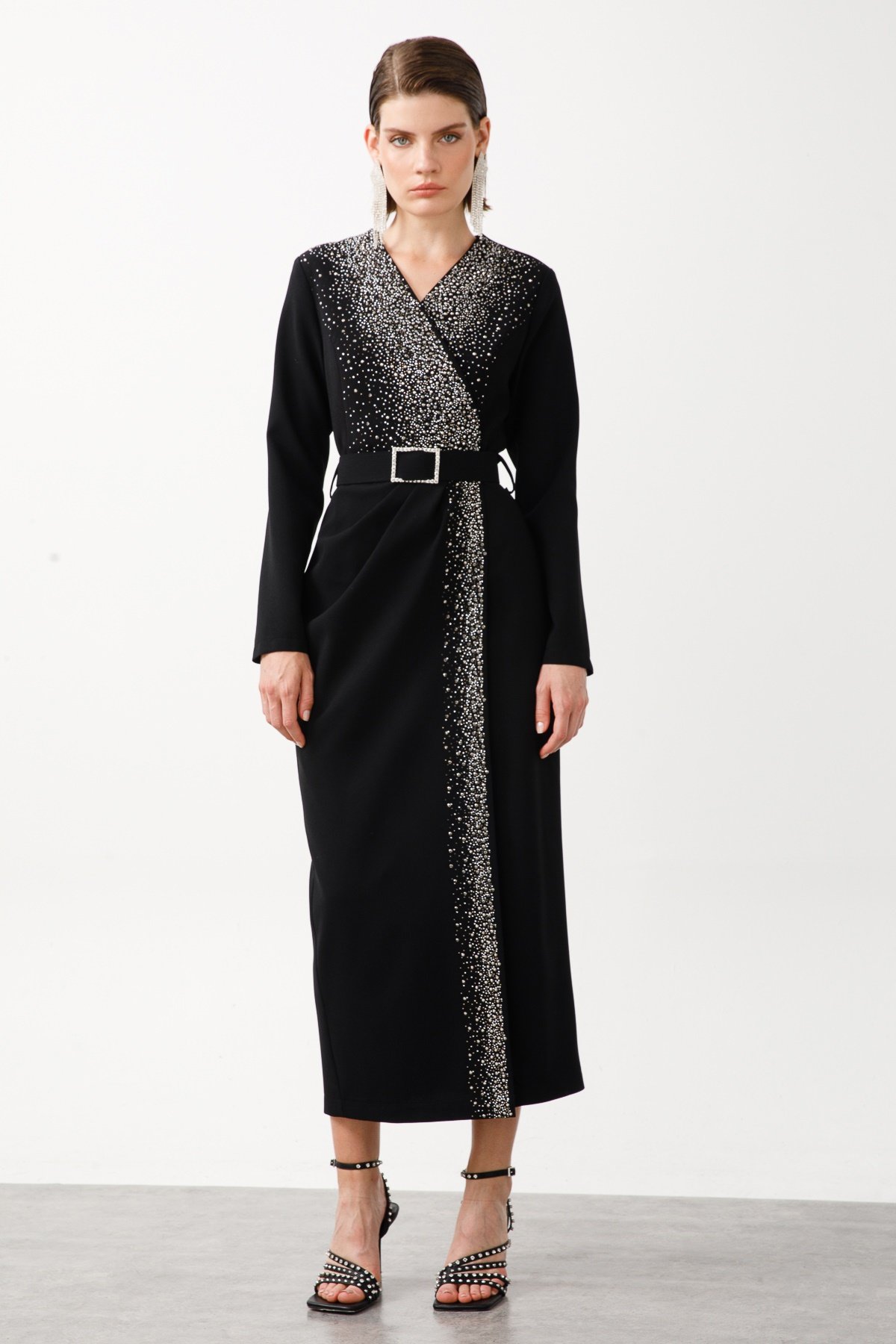 Modailgi  Taş Detaylı Uzun Elbise Siyah