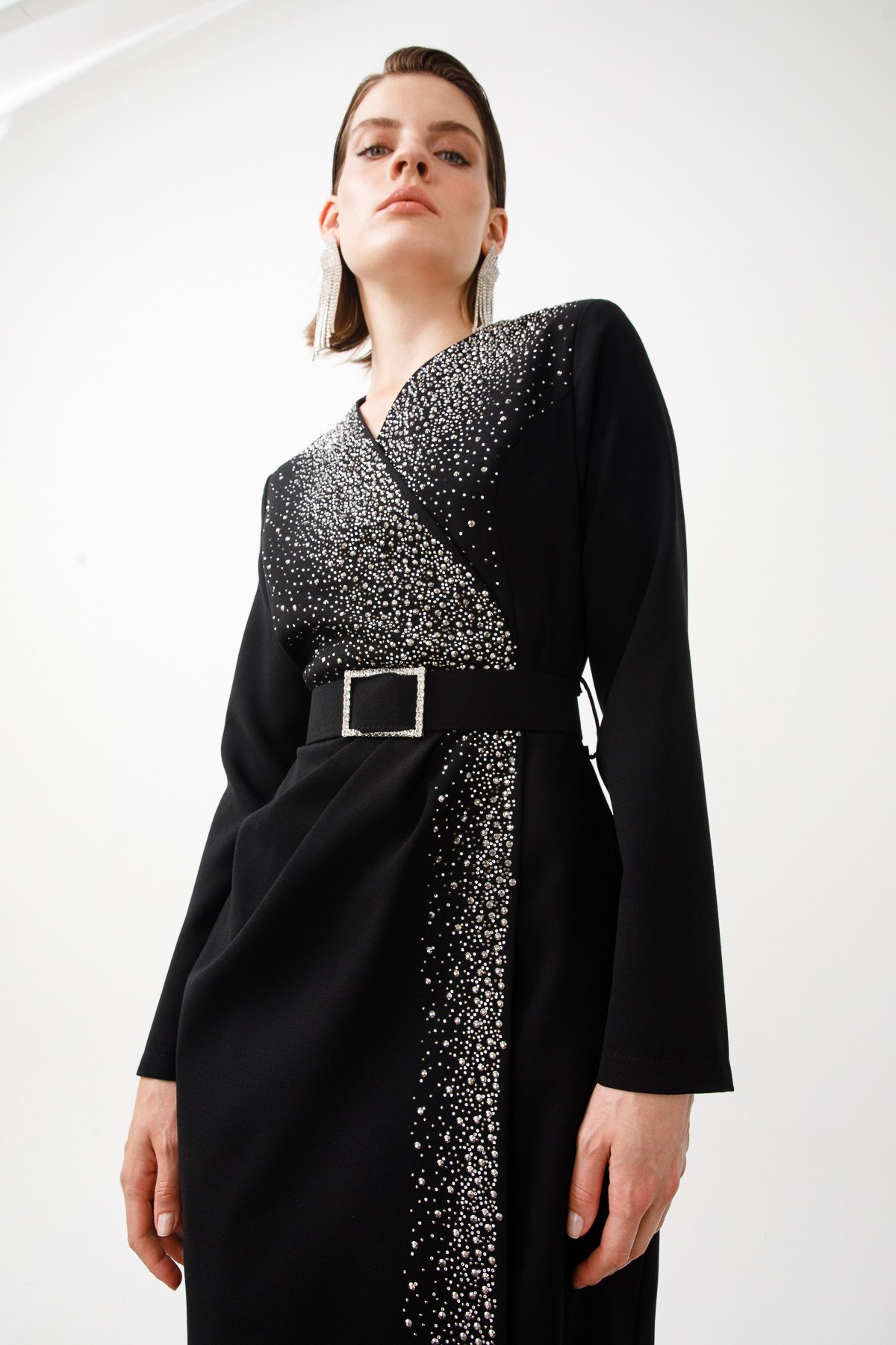 Modailgi  Taş Detaylı Uzun Elbise Siyah