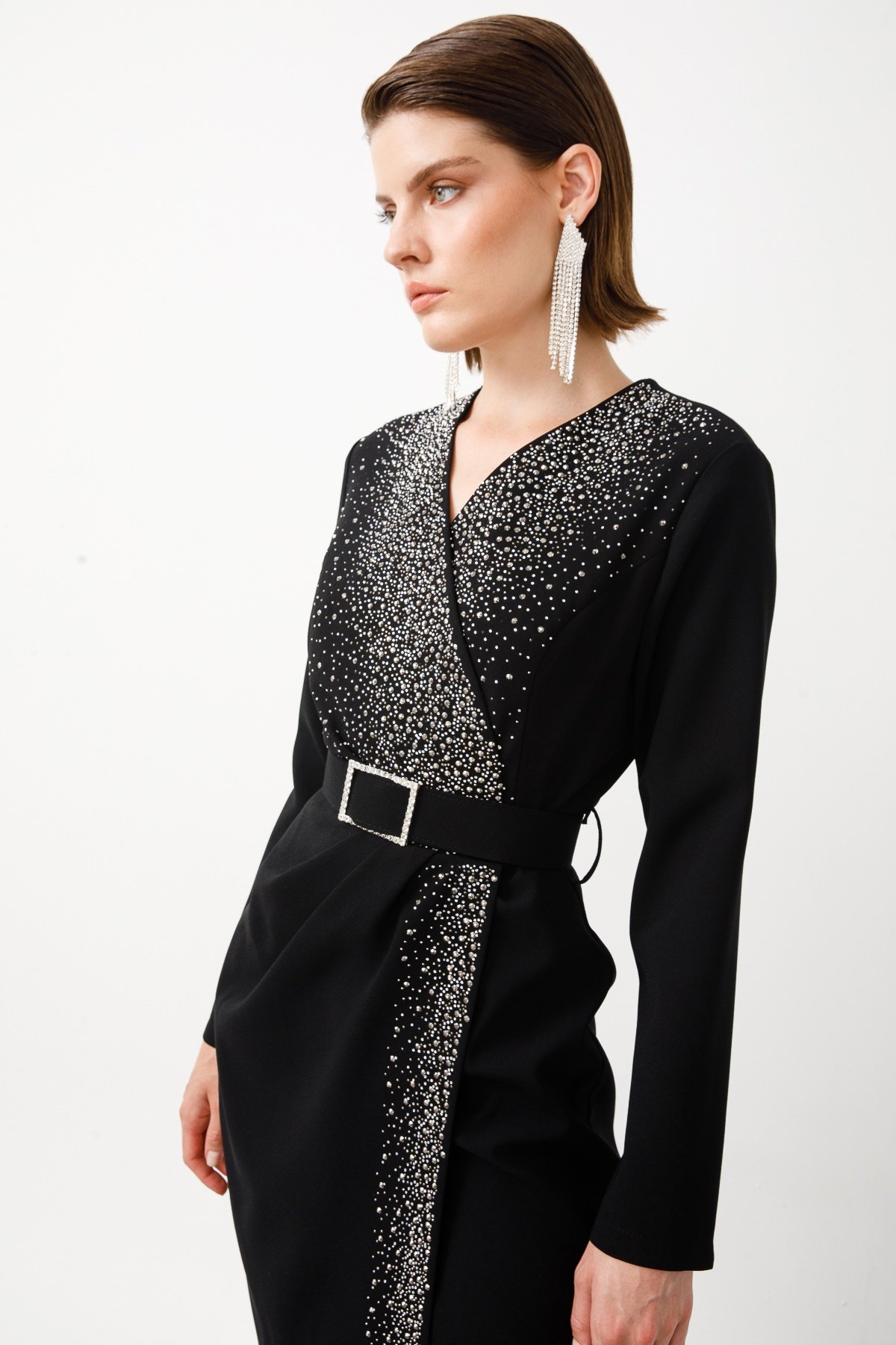 Modailgi  Taş Detaylı Uzun Elbise Siyah