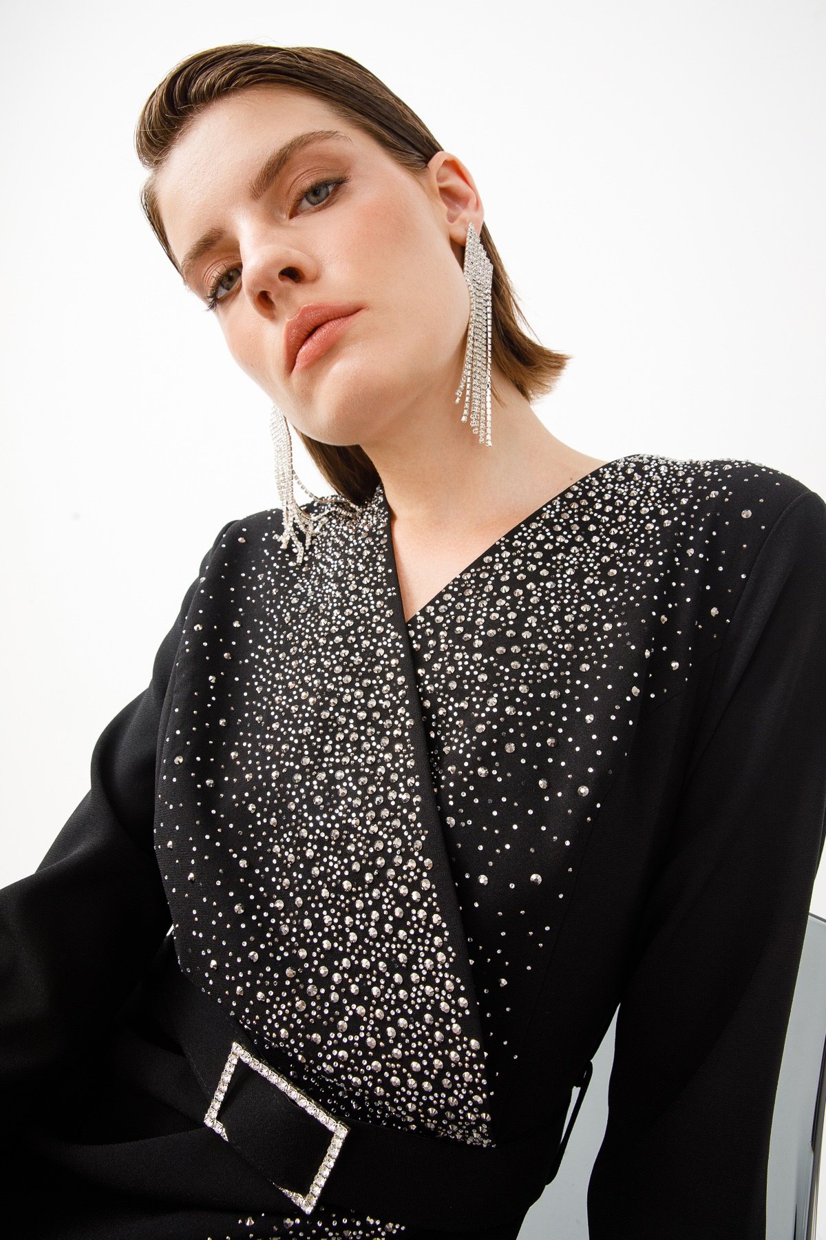 Modailgi  Taş Detaylı Uzun Elbise Siyah