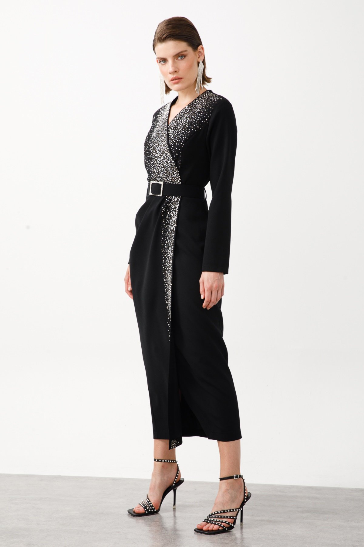 Modailgi  Taş Detaylı Uzun Elbise Siyah