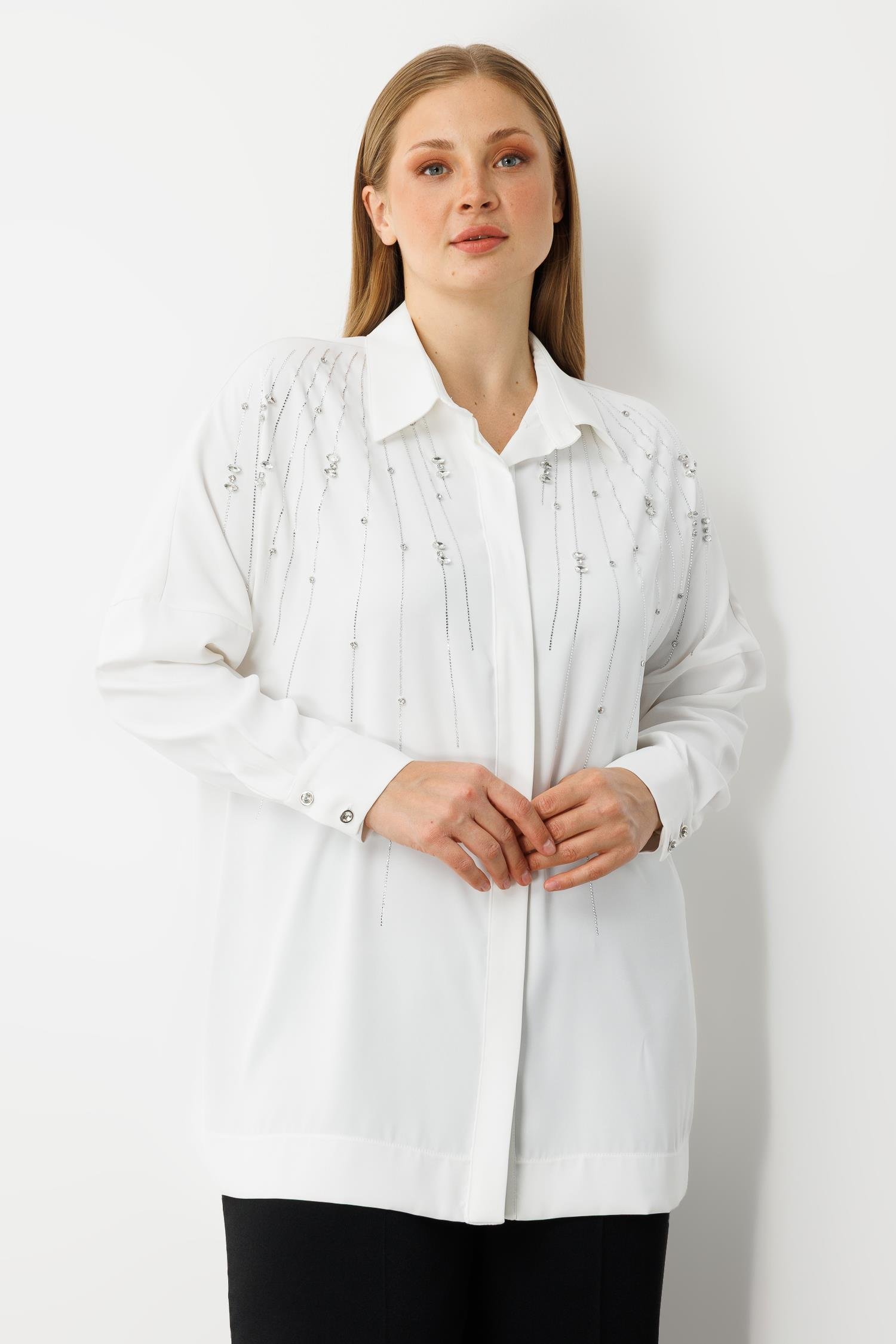 Modailgi  Taş Dizgi Detaylı Gizli Pat Oversize Gömlek Ekru