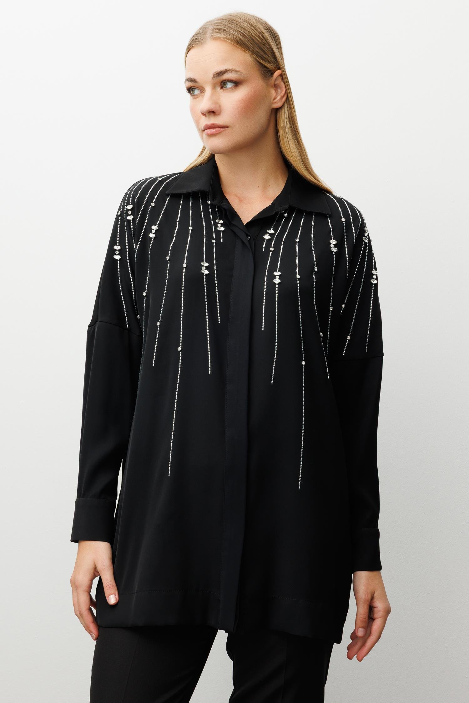Modailgi  Taş Dizgi Detaylı Gizli Pat Oversize Gömlek Siyah