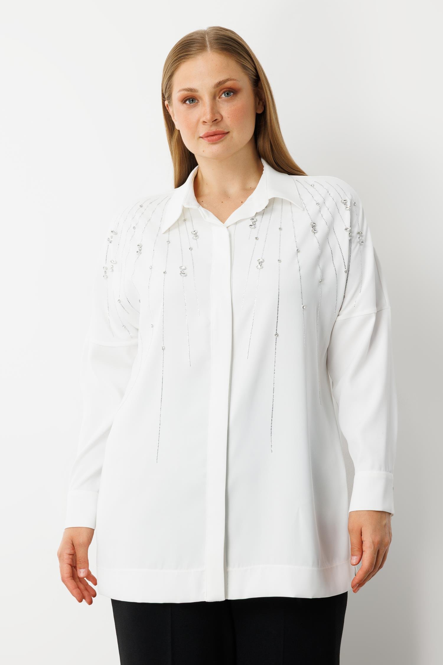 Modailgi  Taş Dizgi Detaylı Gizli Pat Oversize Gömlek Ekru