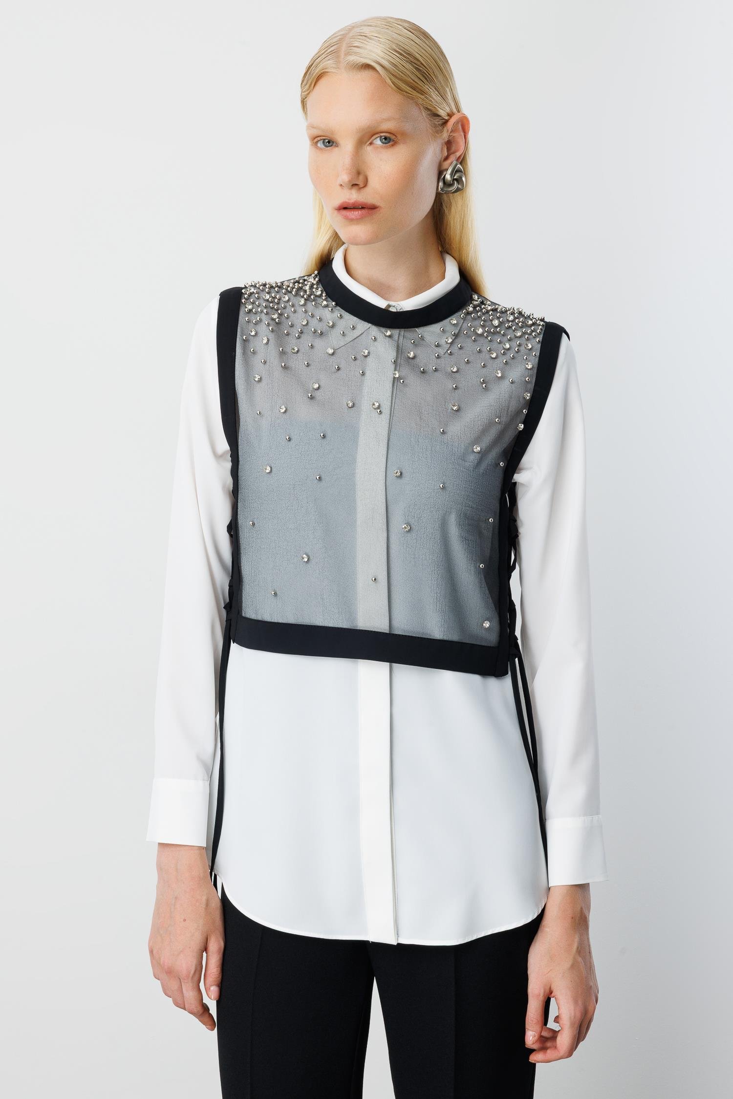 Modailgi  Taş İşlemeli Organze Süveter Gömlek Takım Ekru/Siyah