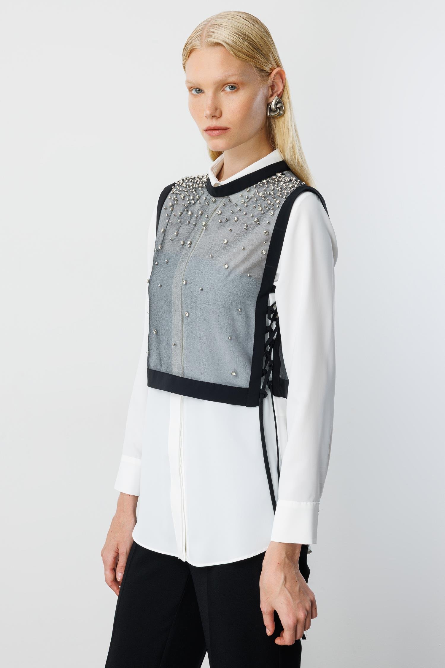 Modailgi  Taş İşlemeli Organze Süveter Gömlek Takım Ekru/Siyah