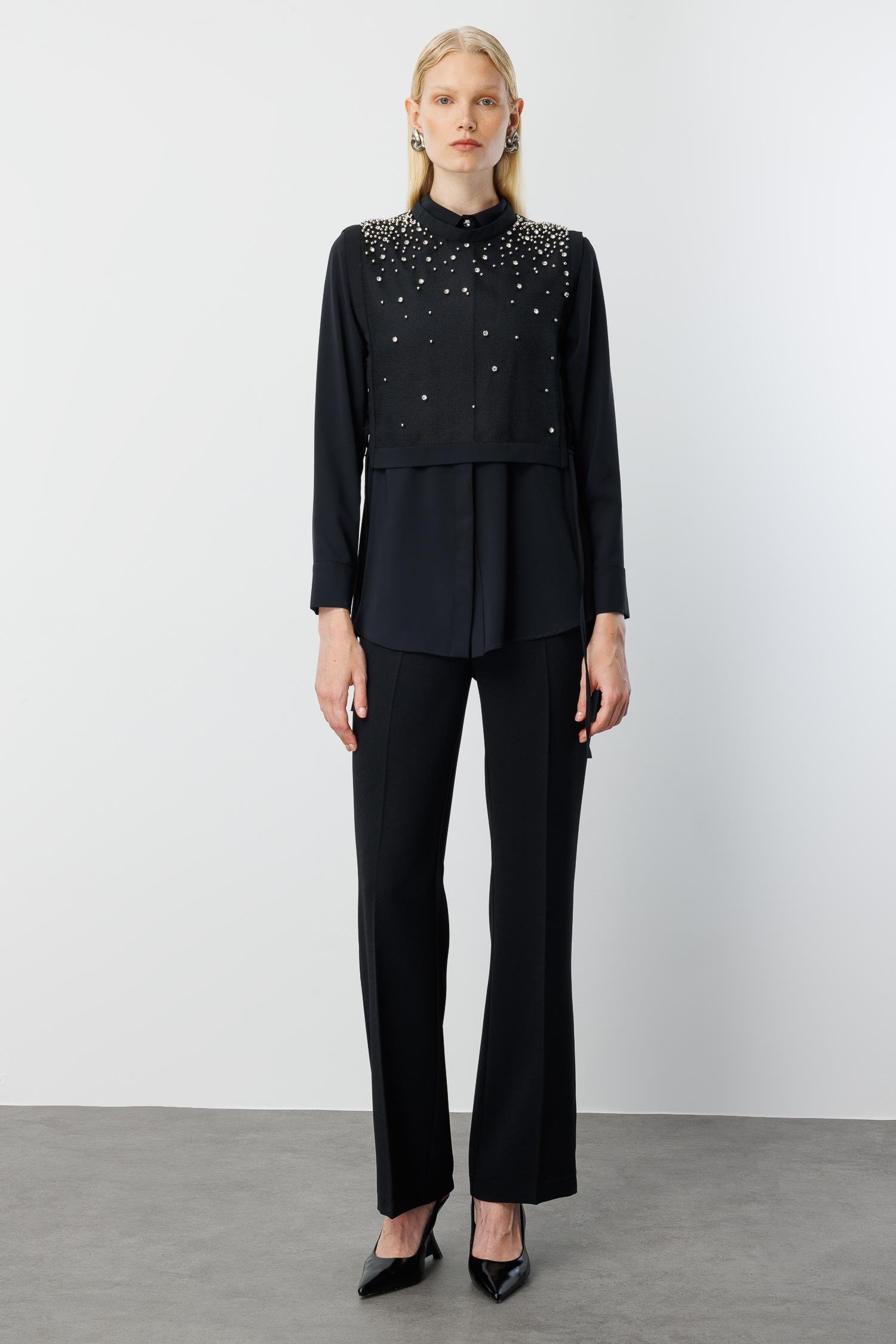 Modailgi  Taş İşlemeli Organze Süveter Gömlek Takım Siyah/Siyah