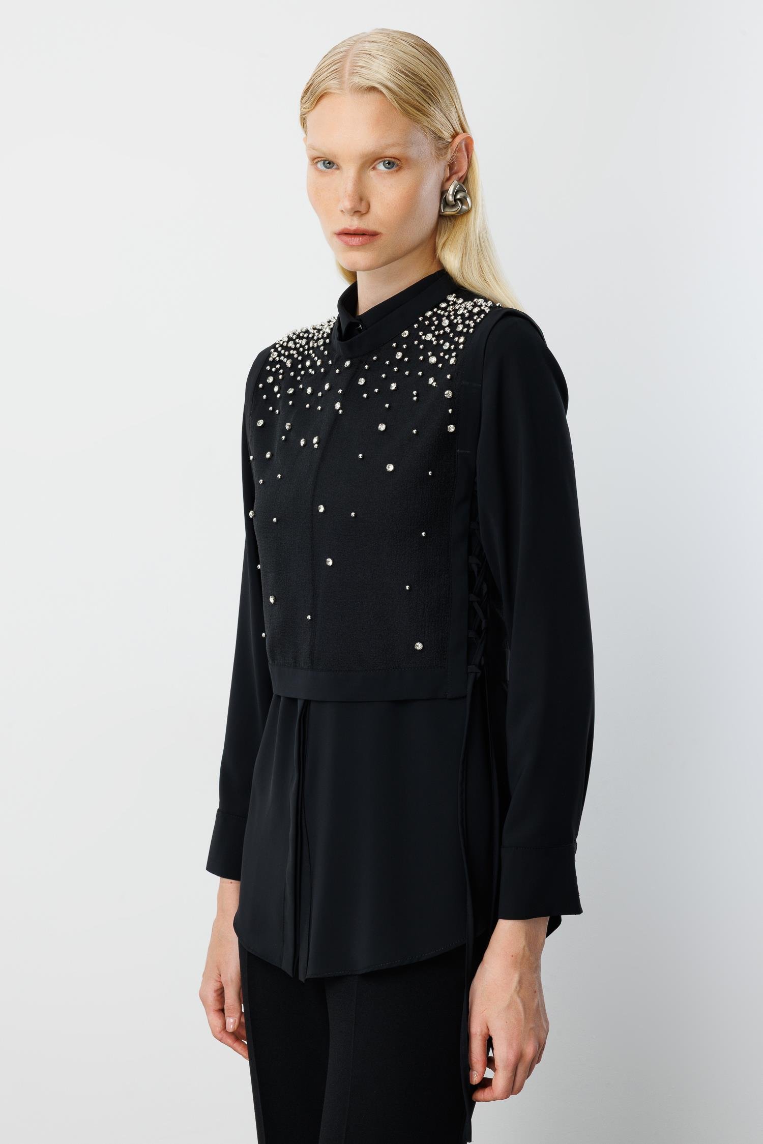 Modailgi  Taş İşlemeli Organze Süveter Gömlek Takım Siyah/Siyah