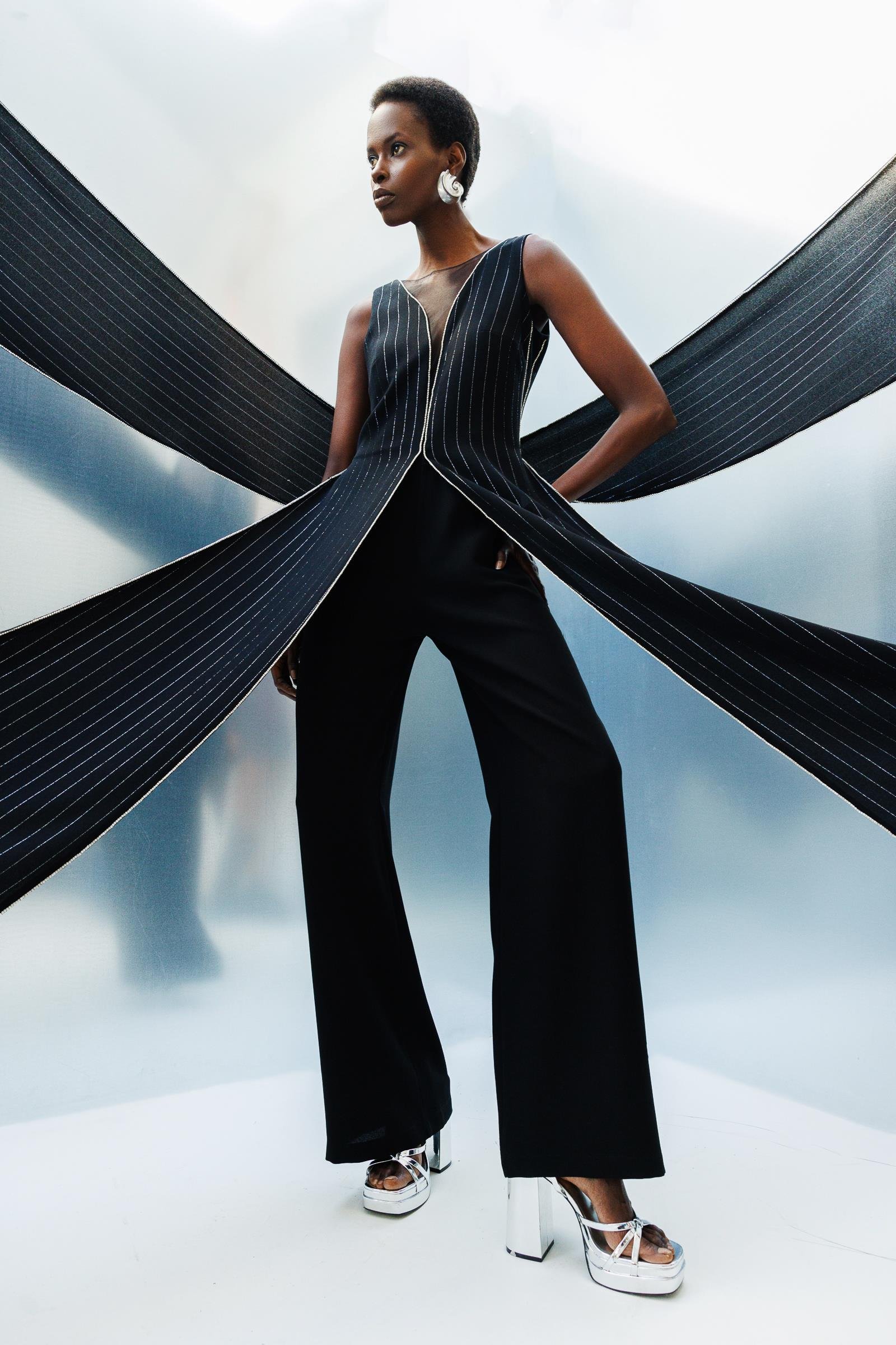 Modailgi  Taş Şeritli Simli Çizgili Tulum Siyah