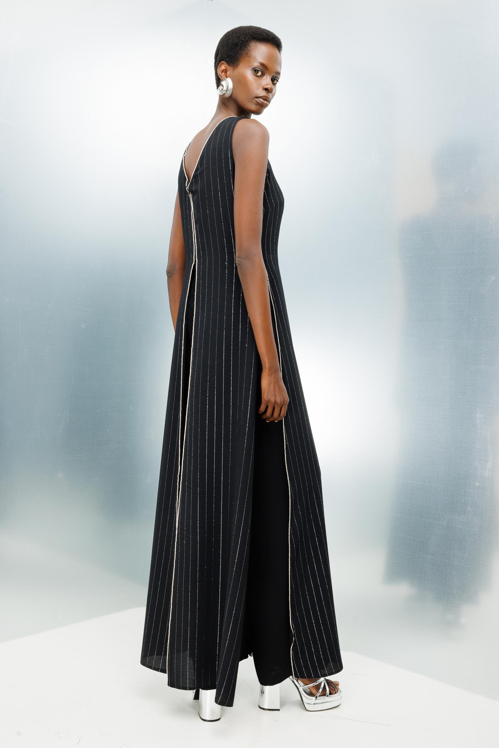 Modailgi  Taş Şeritli Simli Çizgili Tulum Siyah