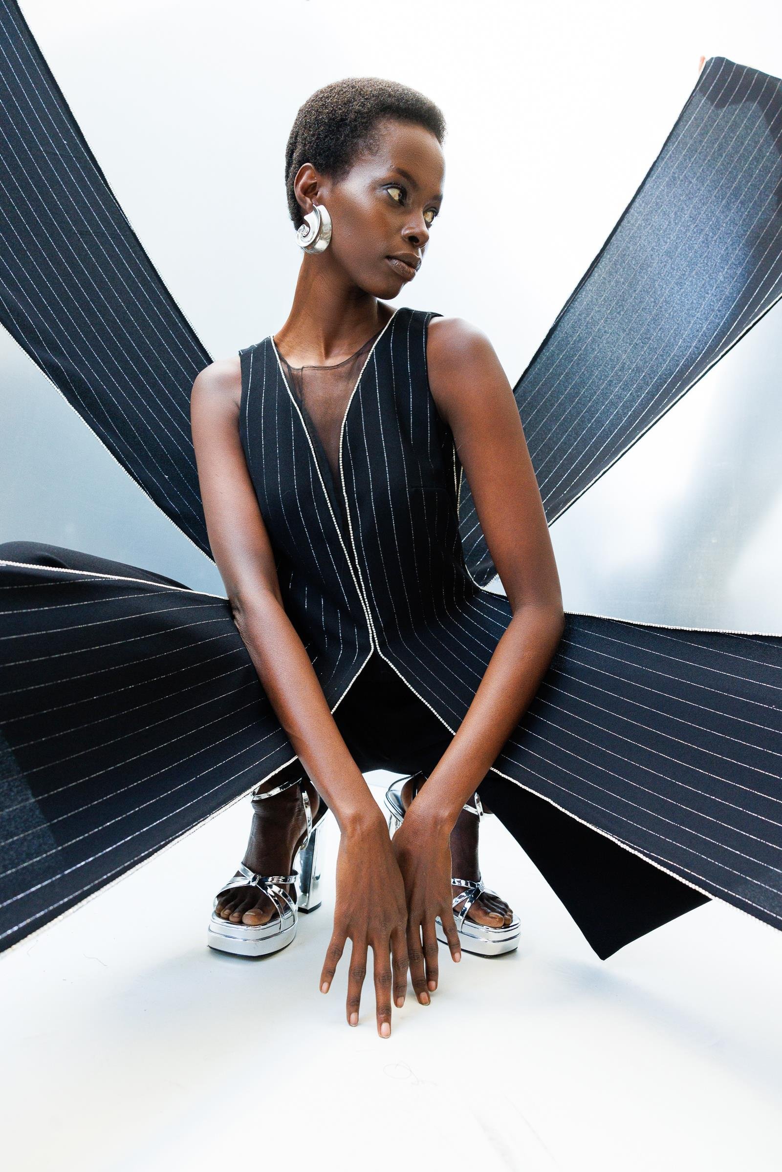 Modailgi  Taş Şeritli Simli Çizgili Tulum Siyah