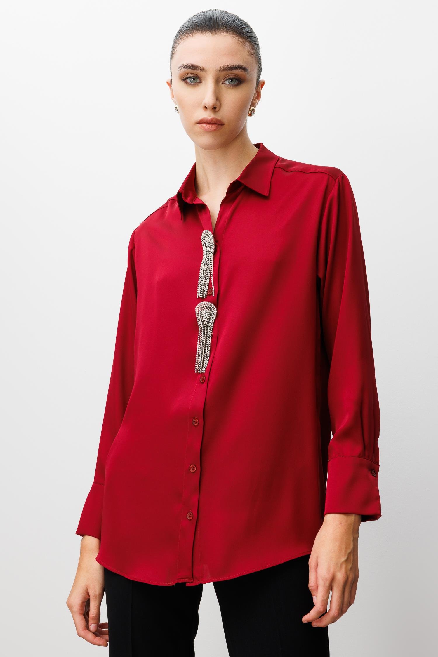 Modailgi  Taşlı Broş Aksesuarlı Rahat Kesim Gömlek Bordo