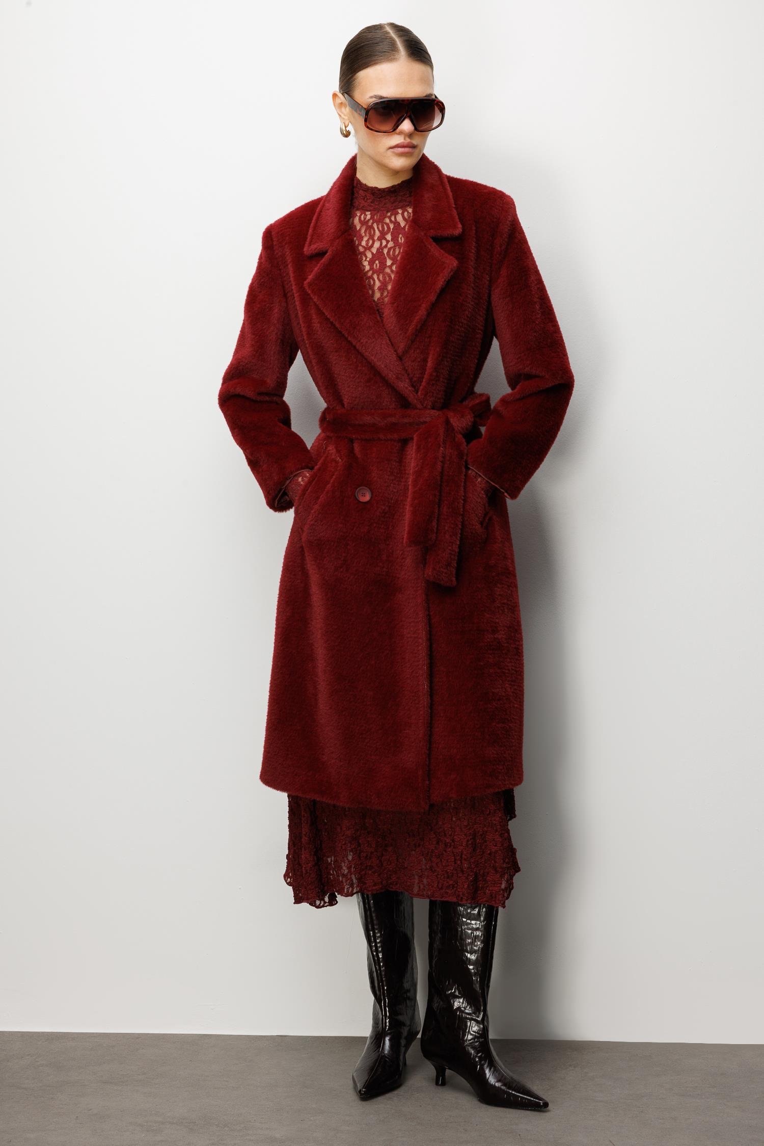 Modailgi  Tay Kumaş Kruvaze Kaban Bordo